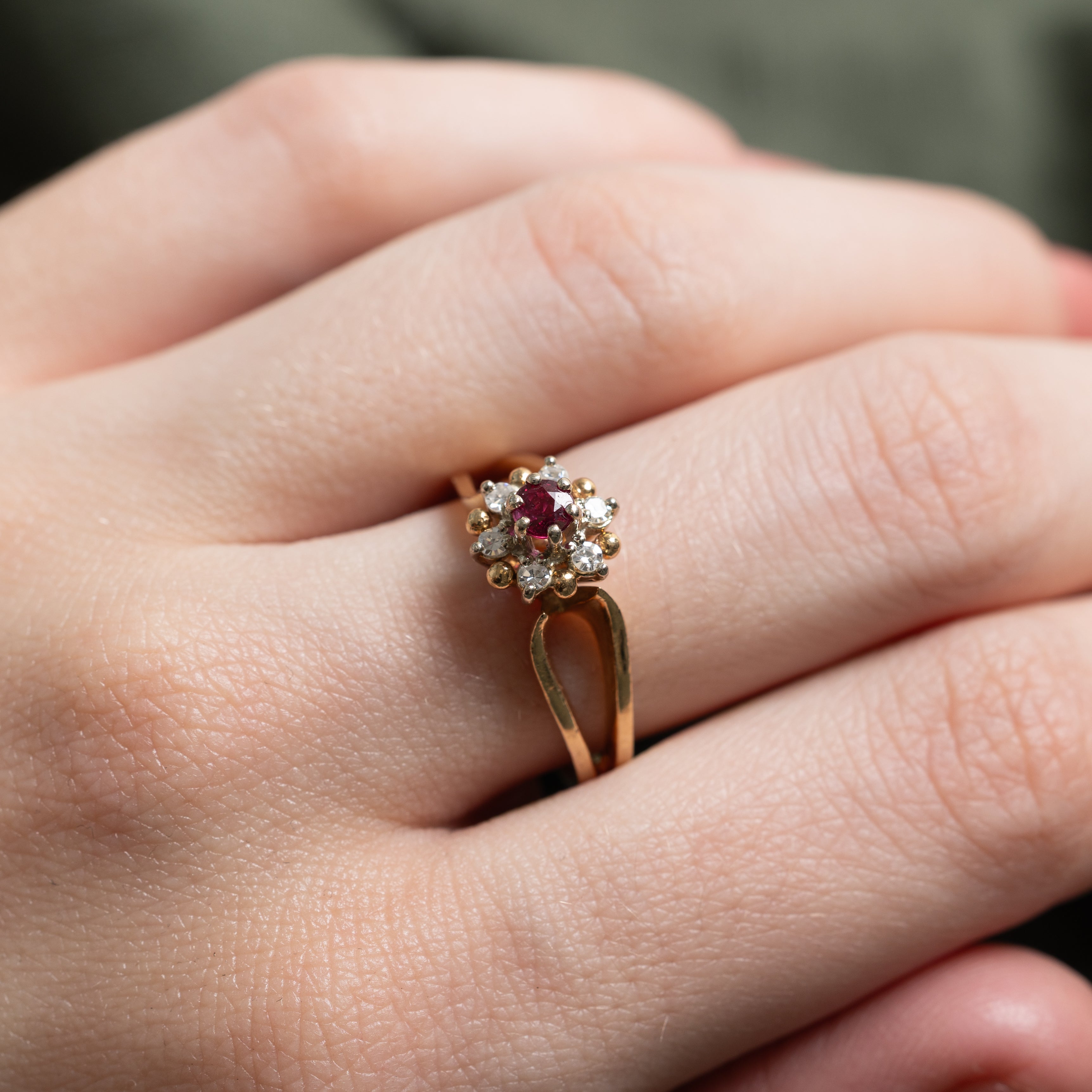 Ruby & Diamond Petal Open Shank Ring | SZ 7.25