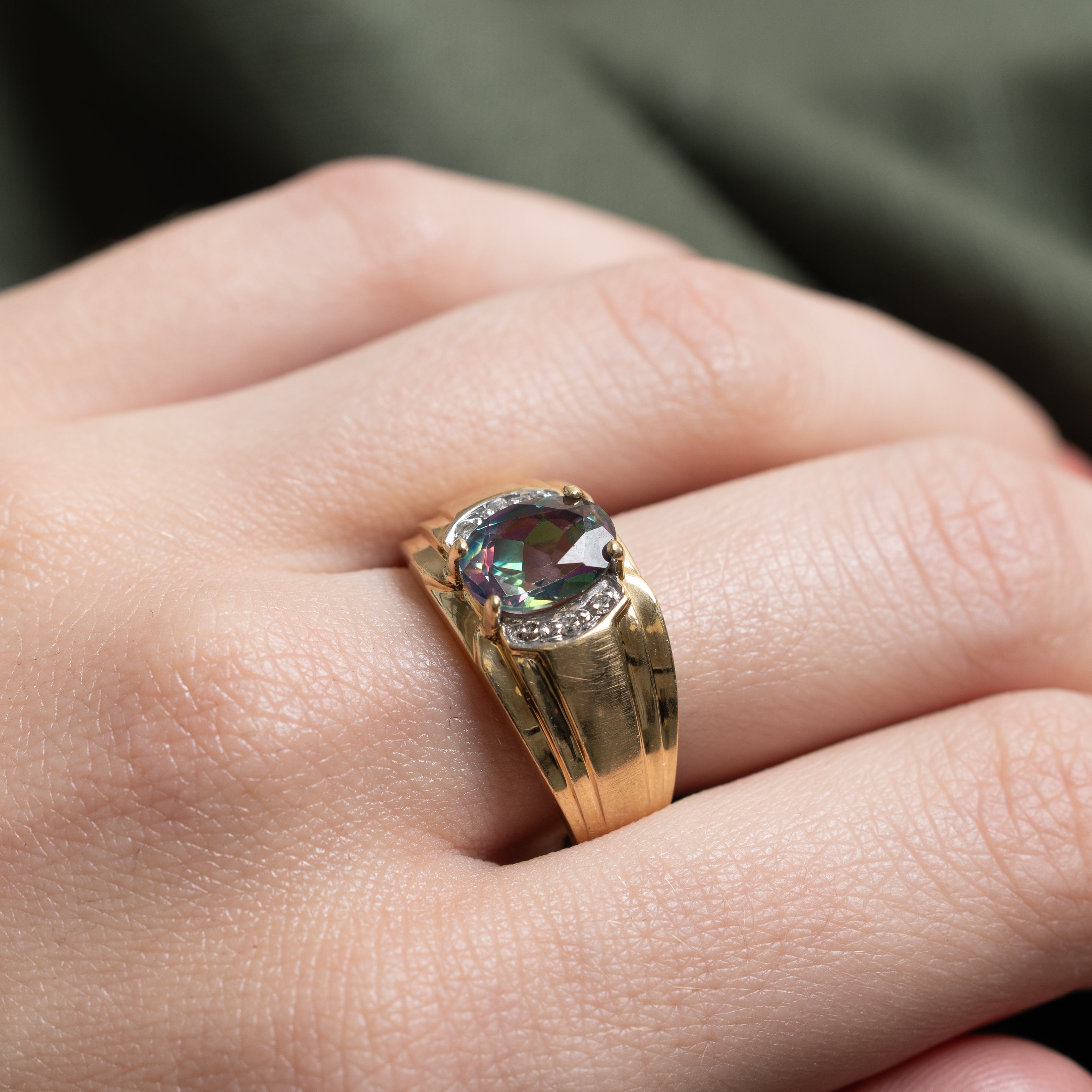Oval Cut Mystic Topaz & Semi Bezel Diamond Ring | SZ 9