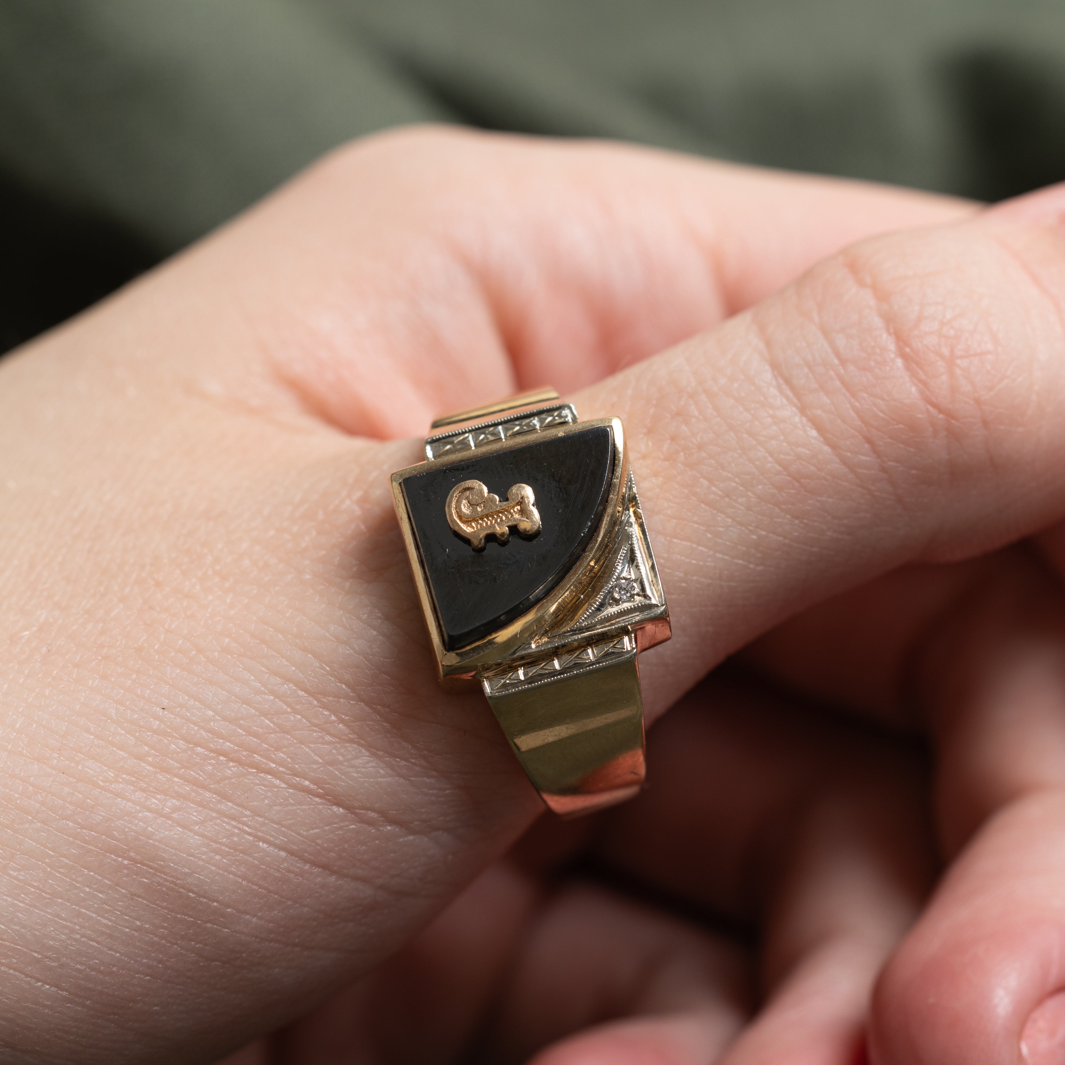 Hematite & Diamond "J" Initial Signet Ring | SZ 13.5