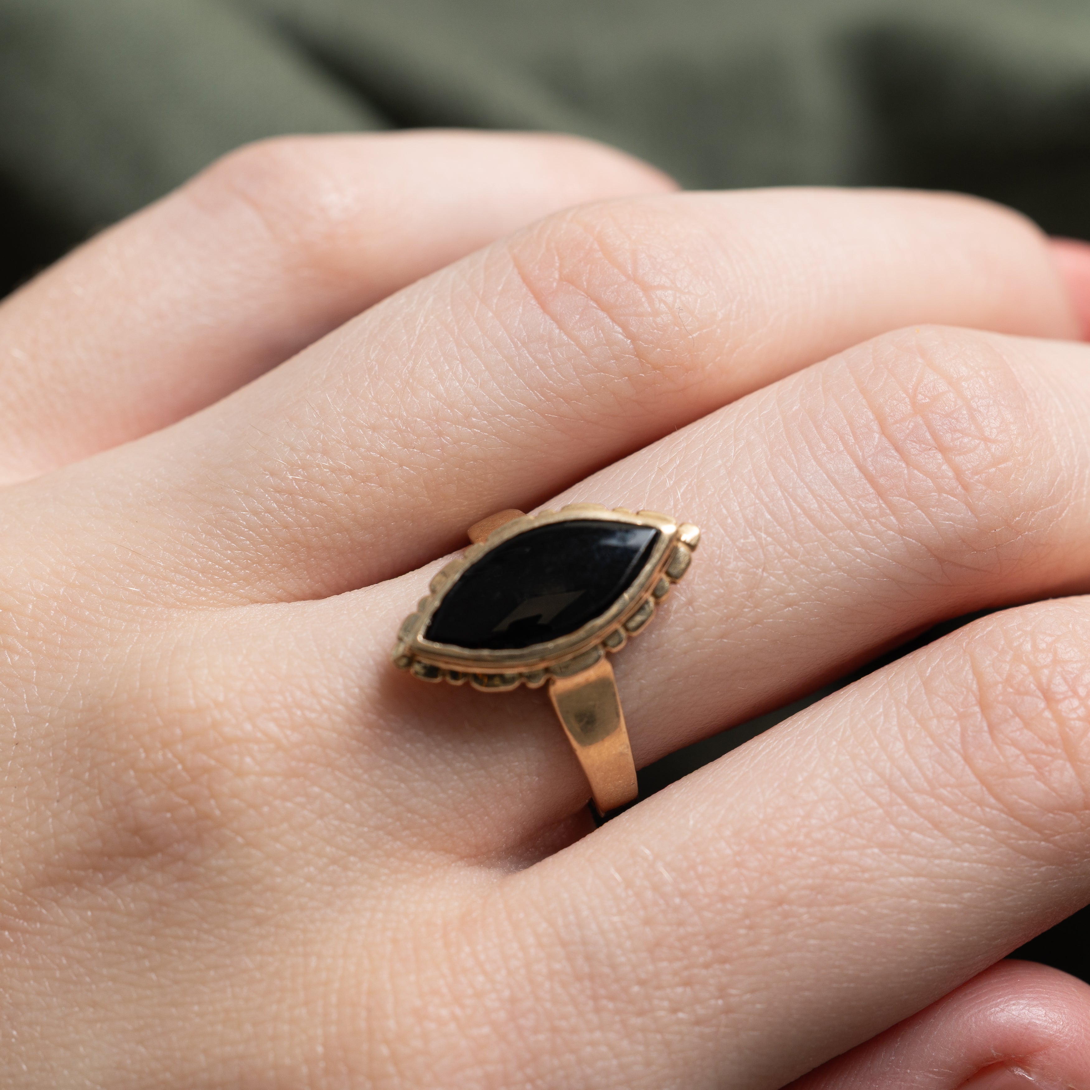 Cabochon Onyx Textured Navette Ring | SZ 7