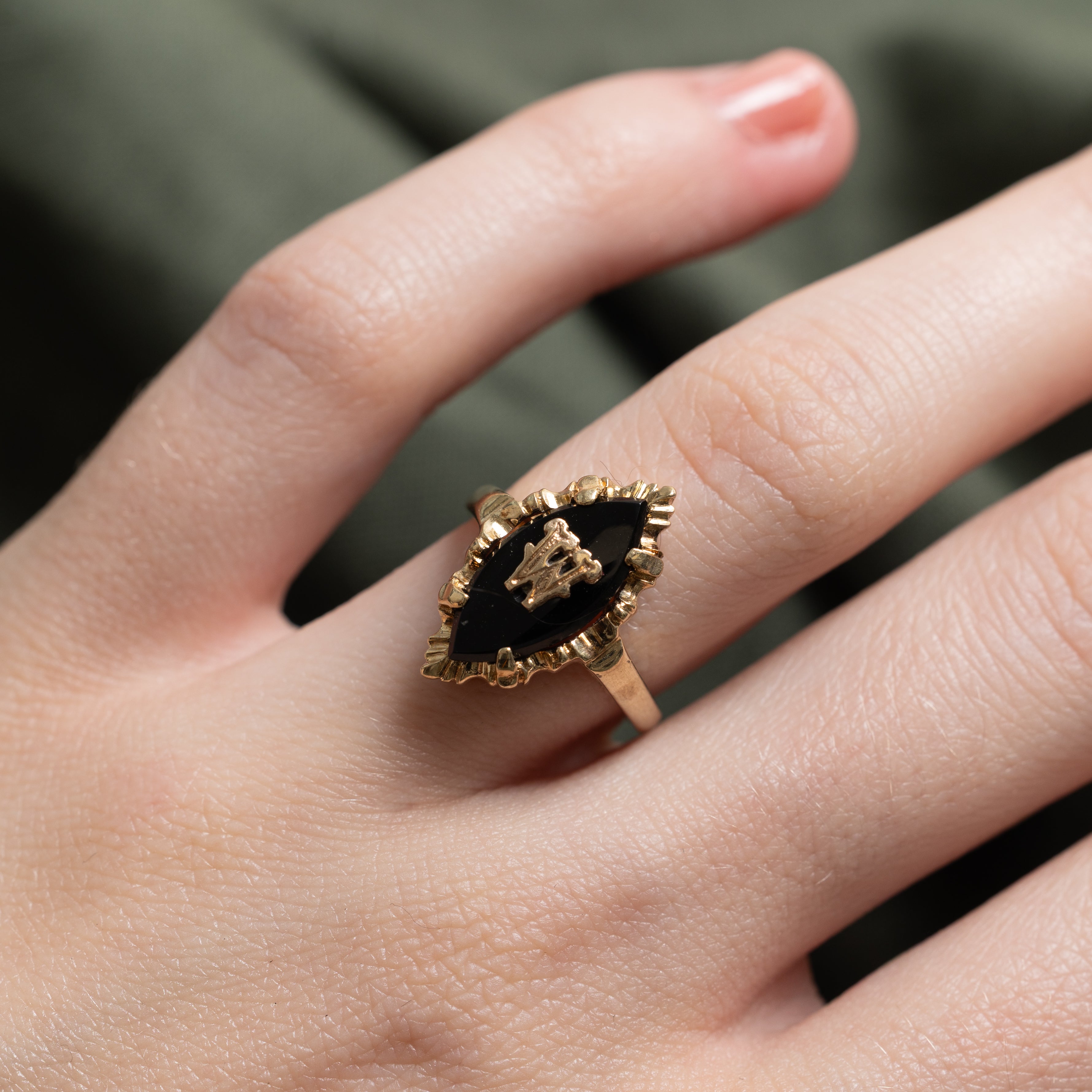 Cabochon Onyx "W" Initial Navette Ring | SZ 5