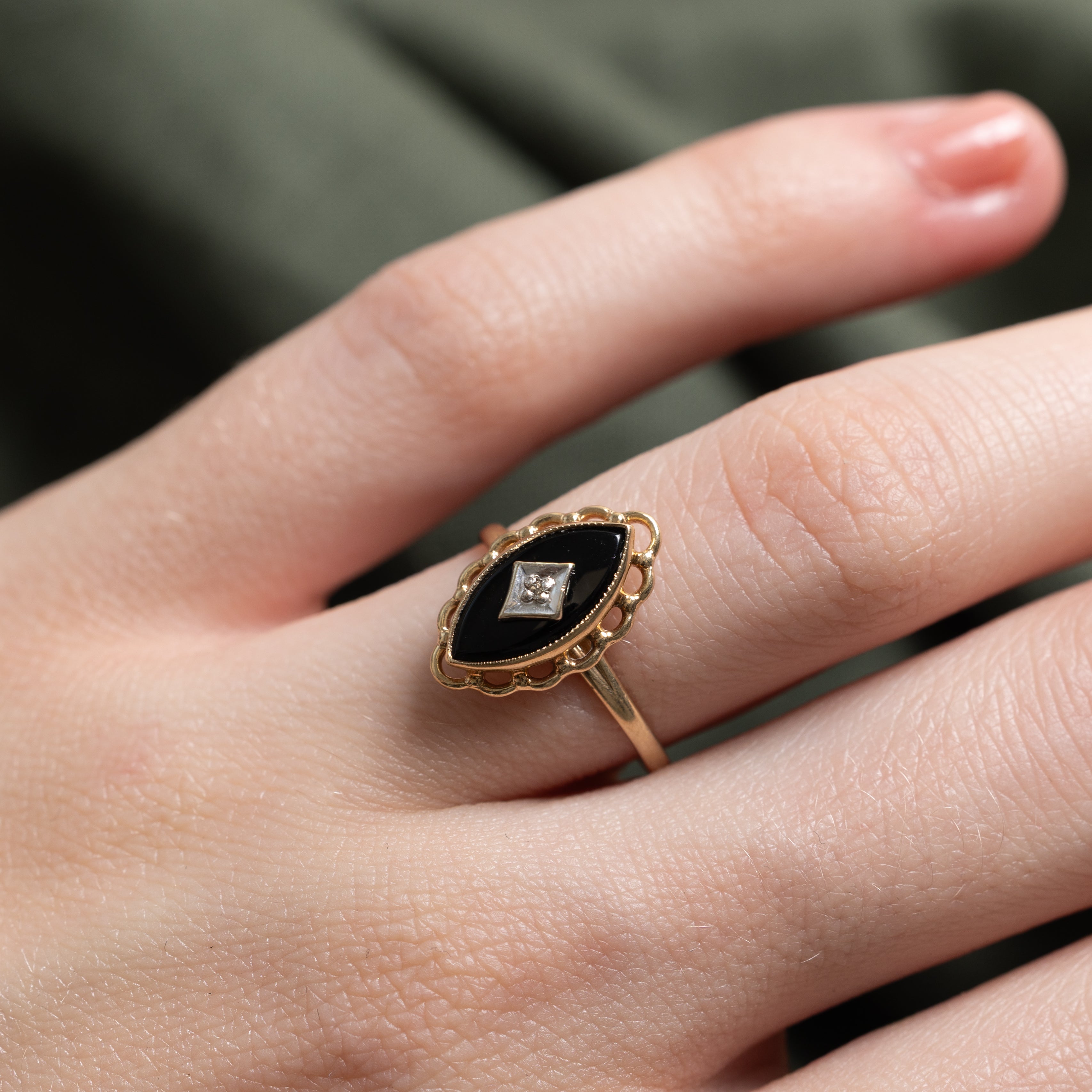 Onyx & Diamond Scalloped Navette Ring | SZ 5.75
