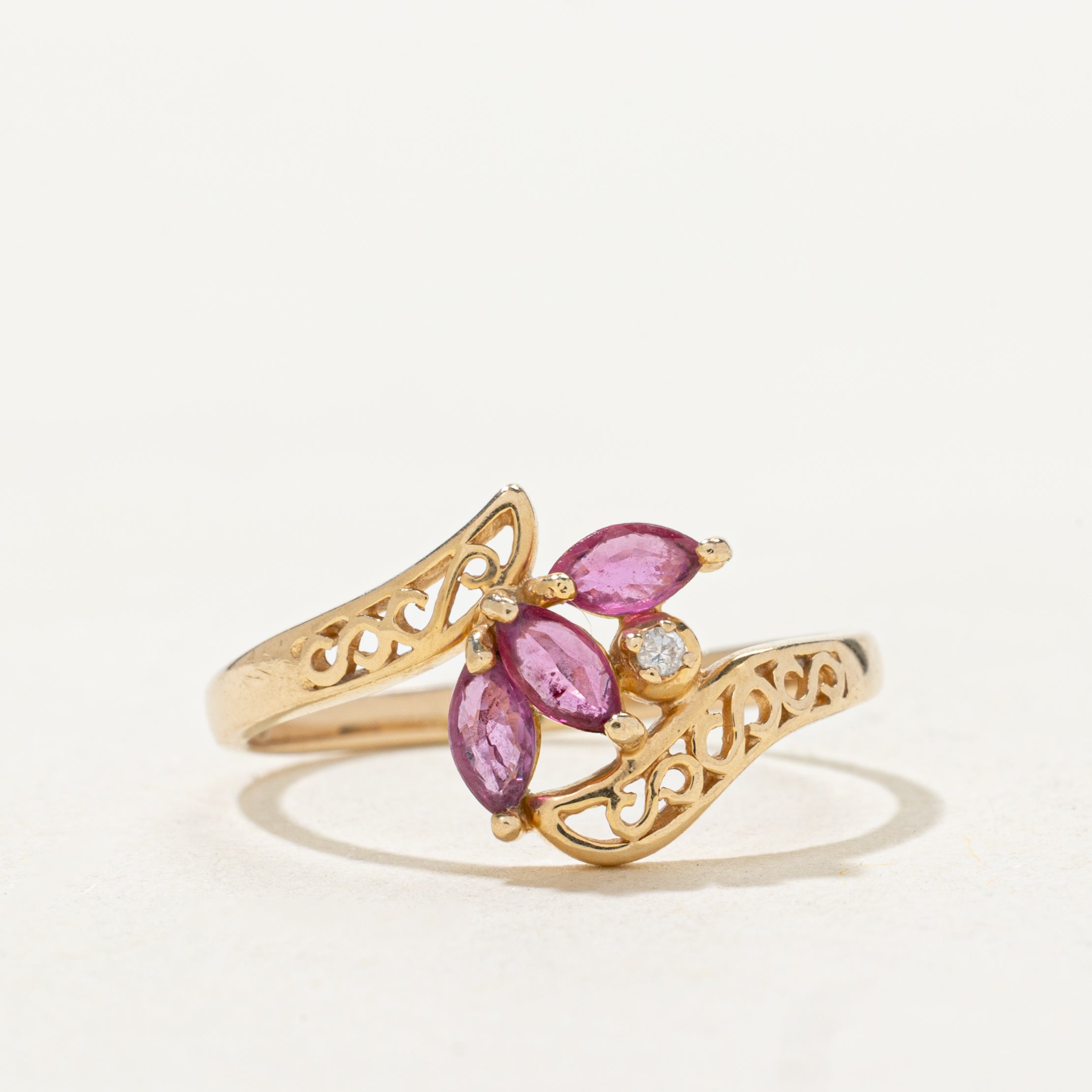 Three Stone Ruby & Diamond Bypass Ring | SZ 5.75