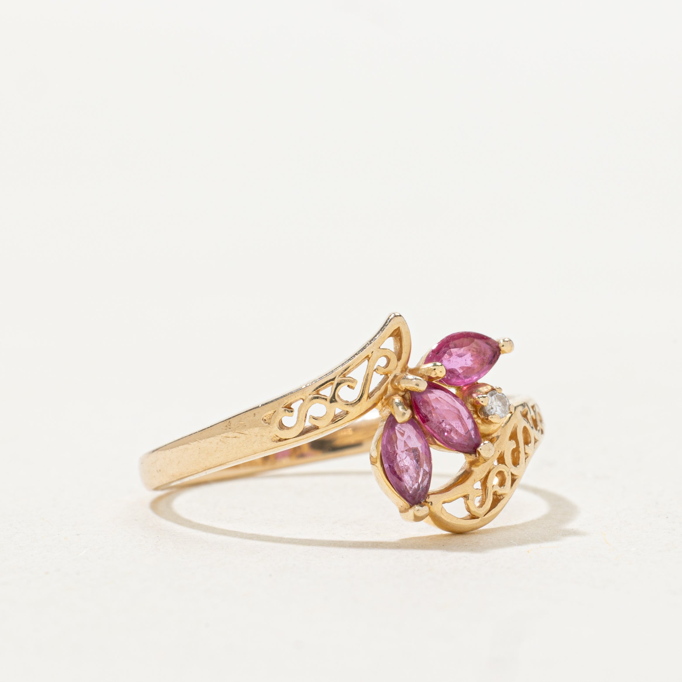 Three Stone Ruby & Diamond Bypass Ring | SZ 5.75