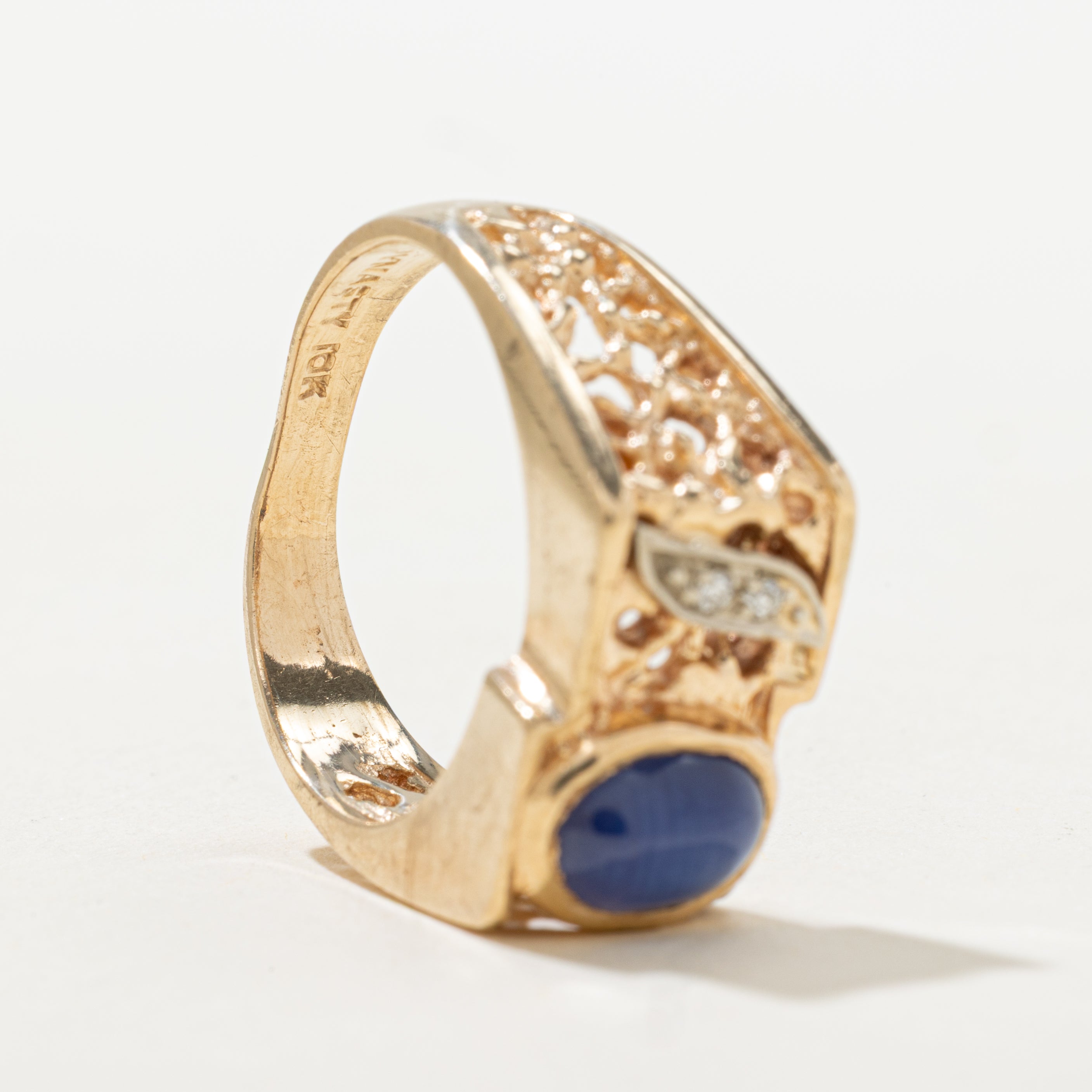 Cabochon Synthetic Star Sapphire & Natural Diamond Textured Ring | SZ 7.75