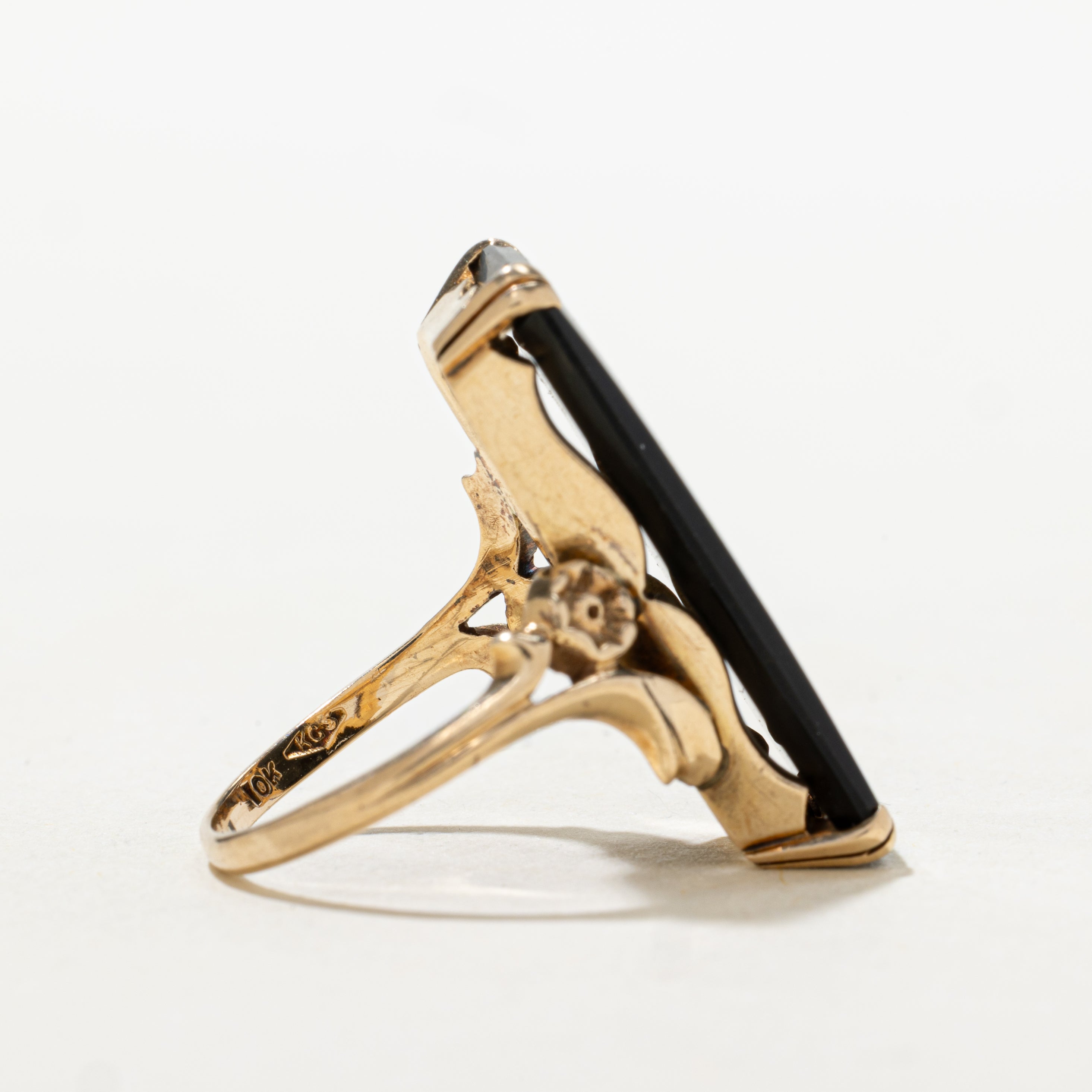 Rectangle Cut Onyx & Flower Accented Cocktail Ring | SZ 5.75