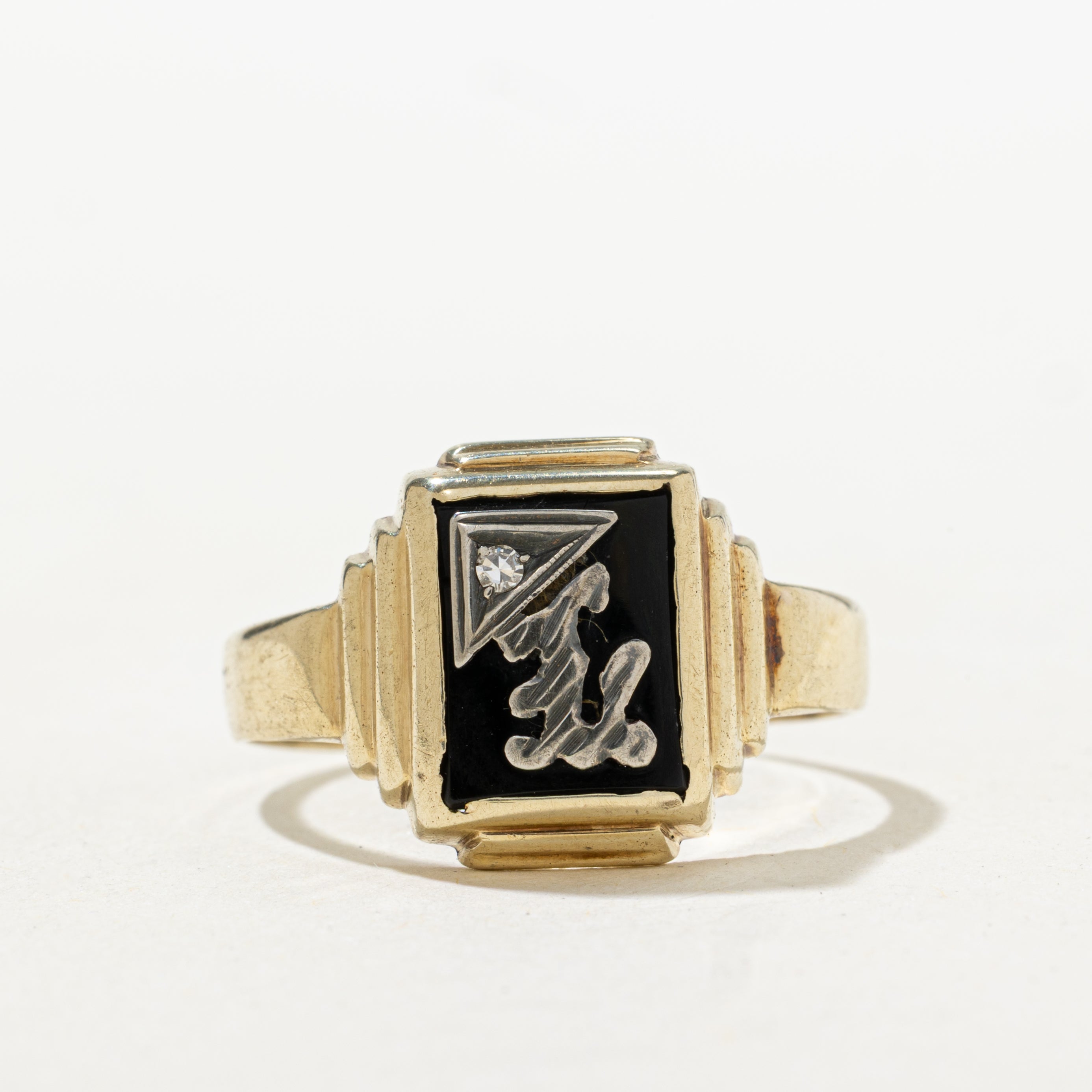 Onyx & Diamond Grooved Signet Ring | SZ 11.25