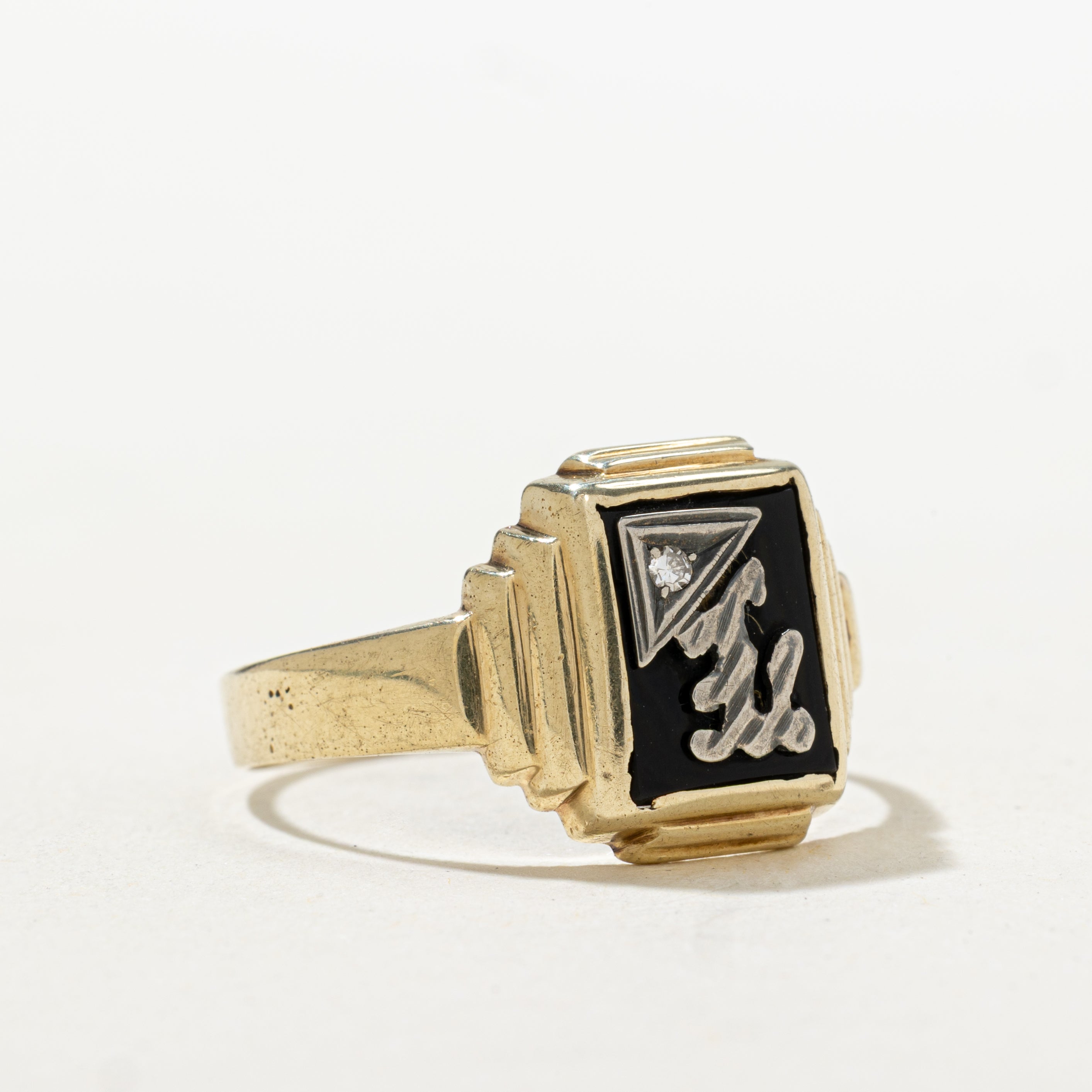 Onyx & Diamond Grooved Signet Ring | SZ 11.25