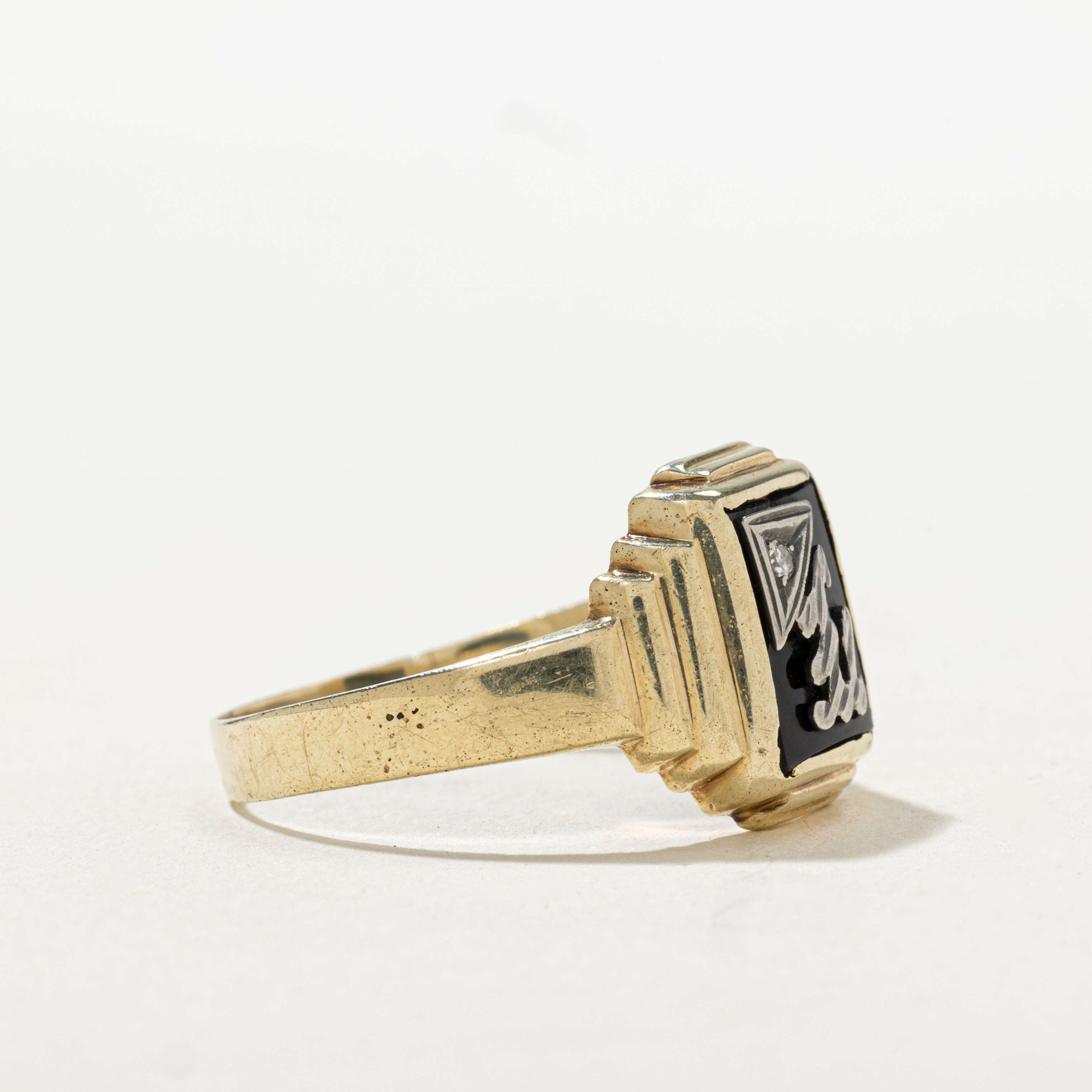 Onyx & Diamond Grooved Signet Ring | SZ 11.25
