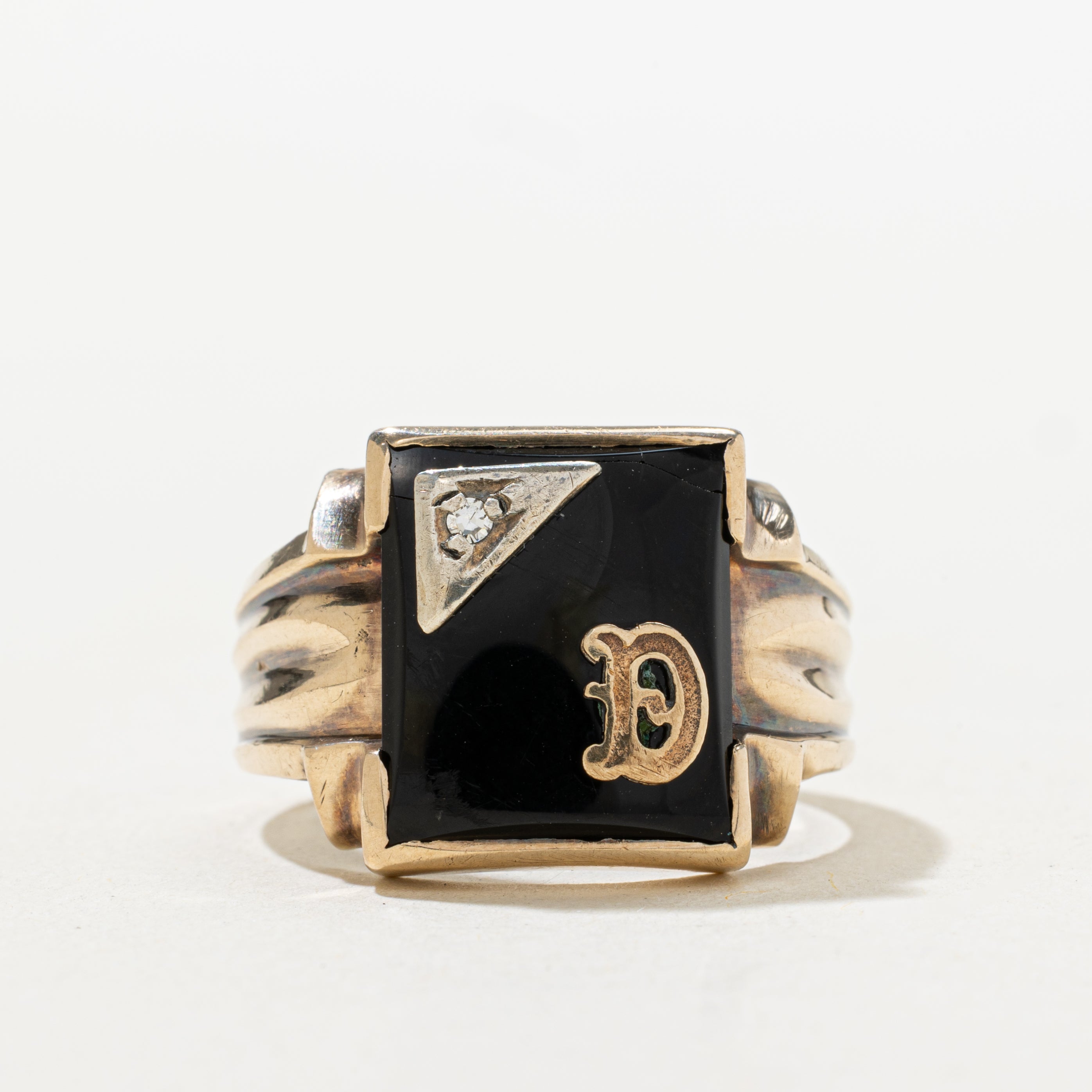 Onyx & Diamond "D" Initial Grooved Signet Ring | SZ 9.75