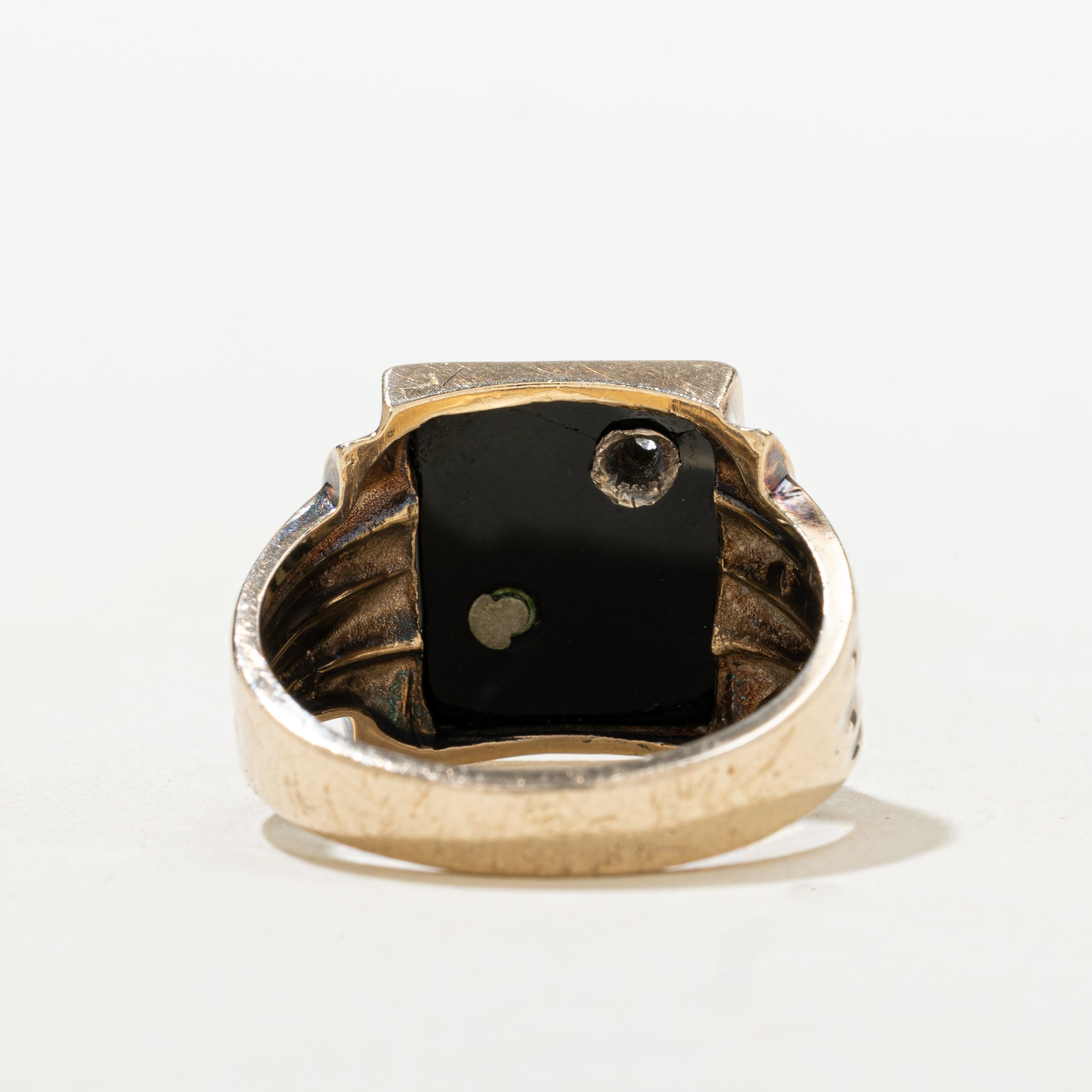 Onyx & Diamond "D" Initial Grooved Signet Ring | SZ 9.75
