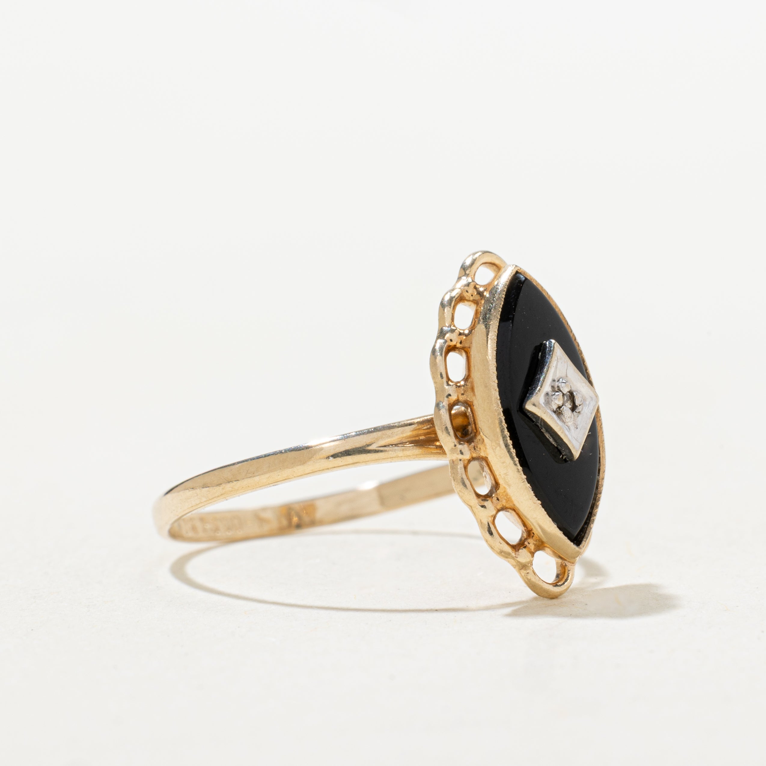 Onyx & Diamond Scalloped Navette Ring | SZ 5.75