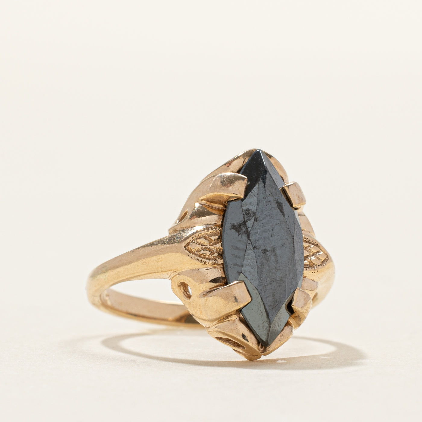 Yellow Gold Hematite Navette Ring | SZ 4.25