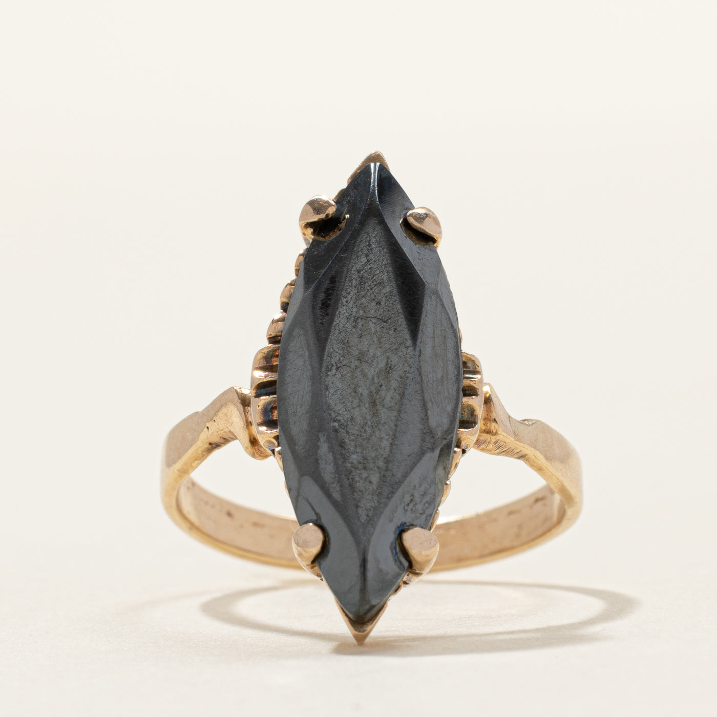 Yellow Gold Hematite Navette Ring | SZ 6.75