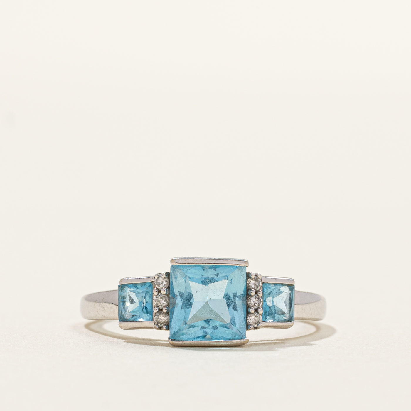 Radiant Cut Three Stone Topaz & Diamond Ring | 1.57ctw, 0.02ctw | SZ 7.75