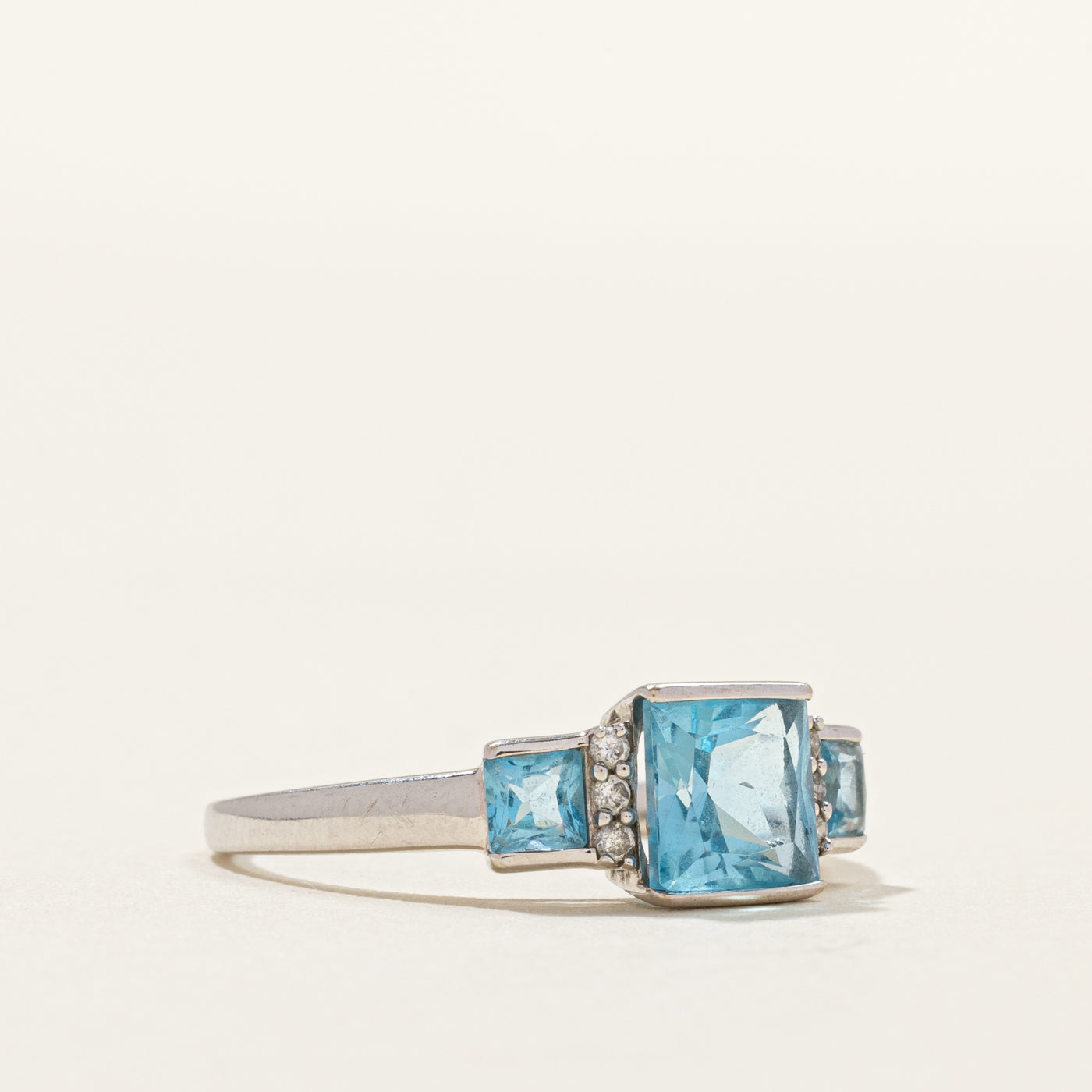 Radiant Cut Three Stone Topaz & Diamond Ring | 1.57ctw, 0.02ctw | SZ 7.75