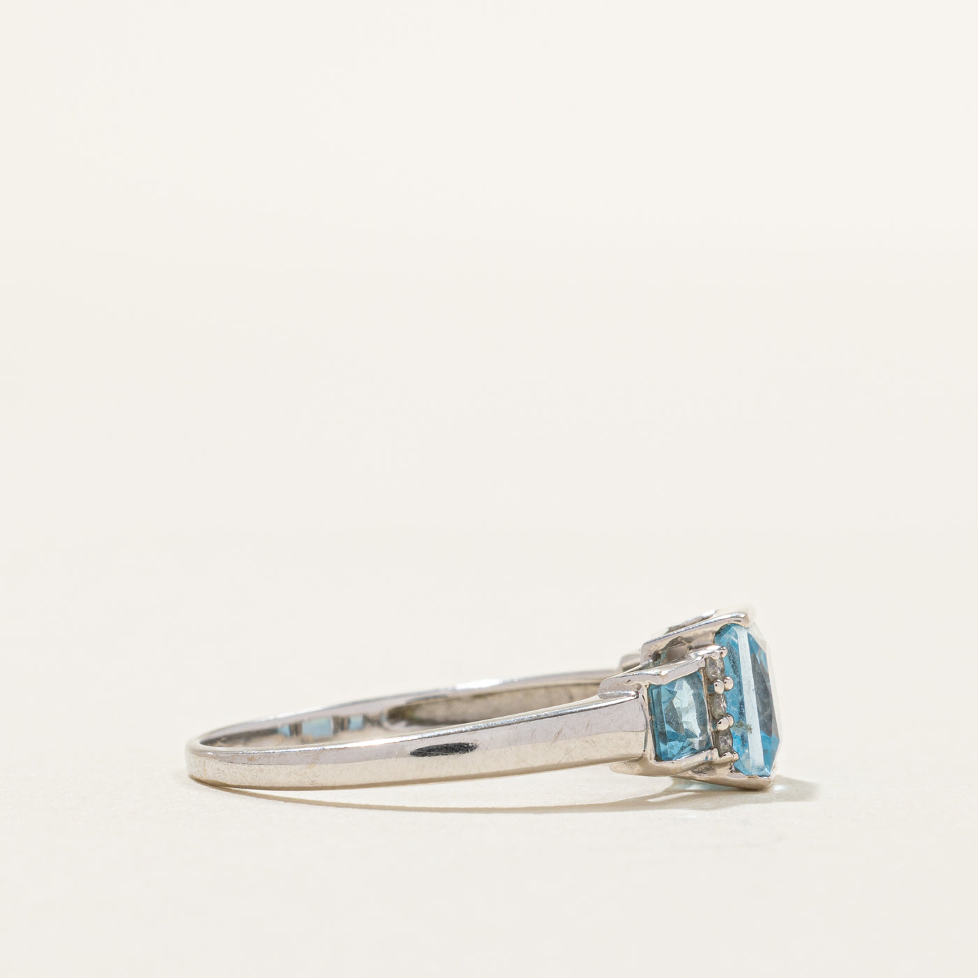 Radiant Cut Three Stone Topaz & Diamond Ring | 1.57ctw, 0.02ctw | SZ 7.75