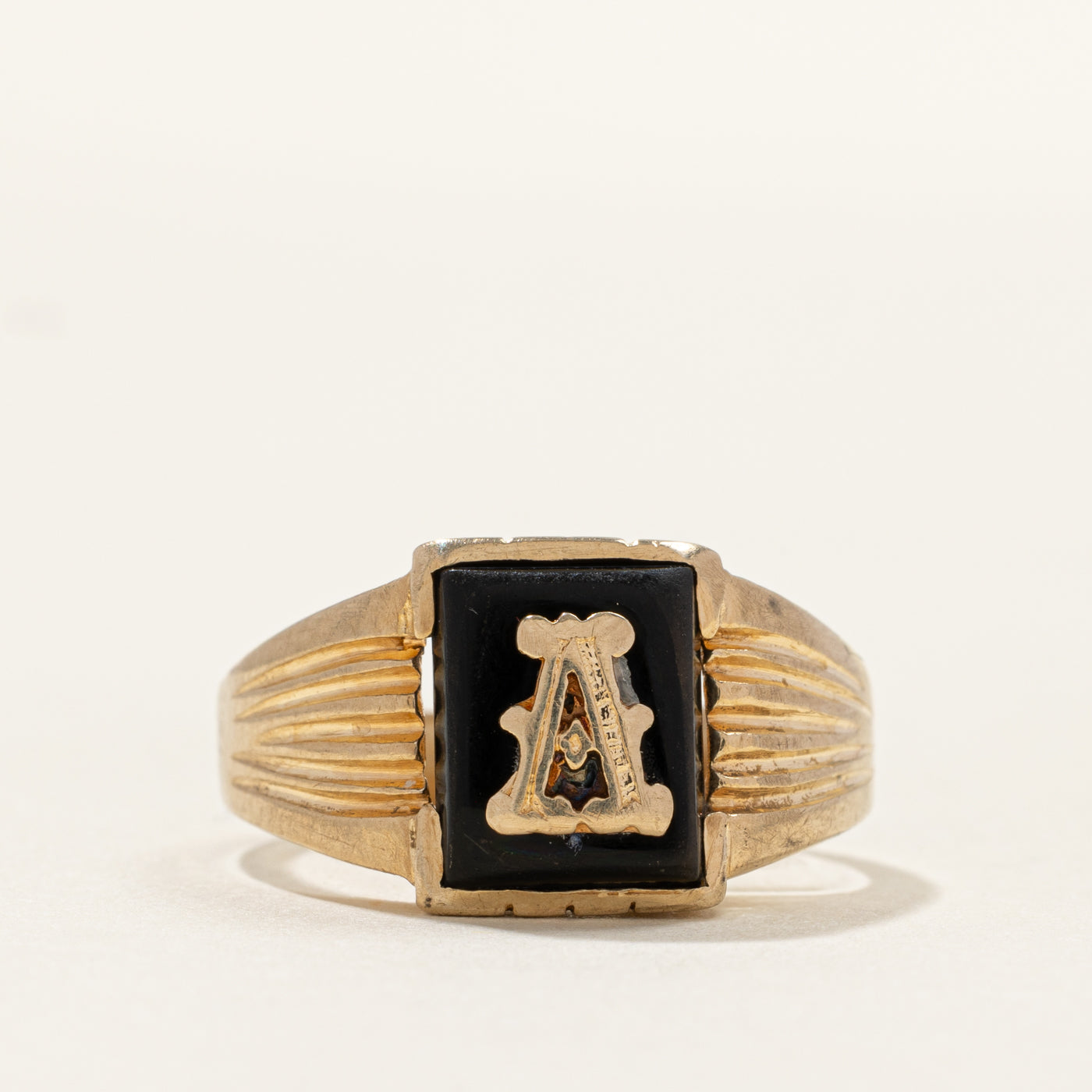 Yellow Gold "A" Initial Grooved Signet Ring | SZ 8