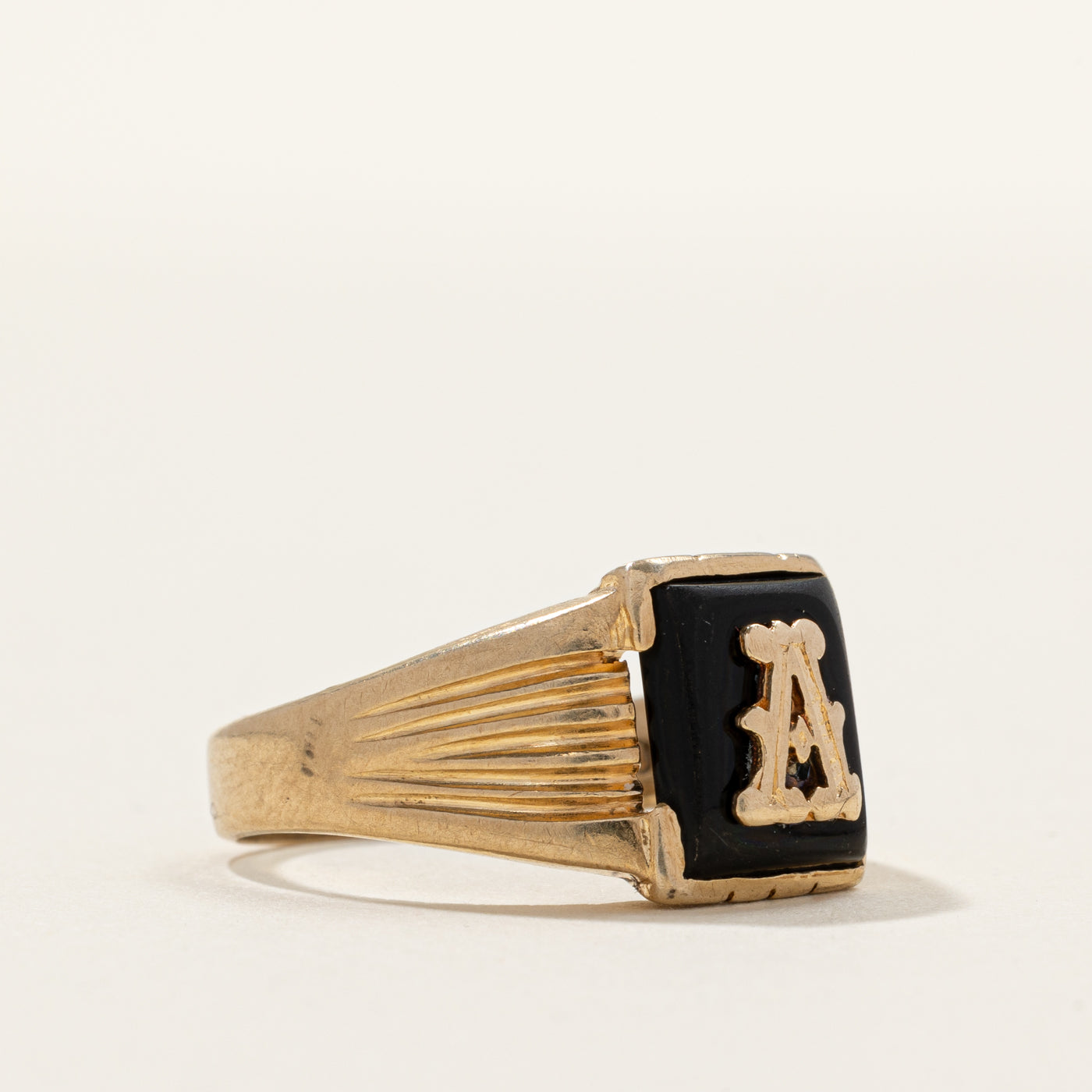 Yellow Gold "A" Initial Grooved Signet Ring | SZ 8