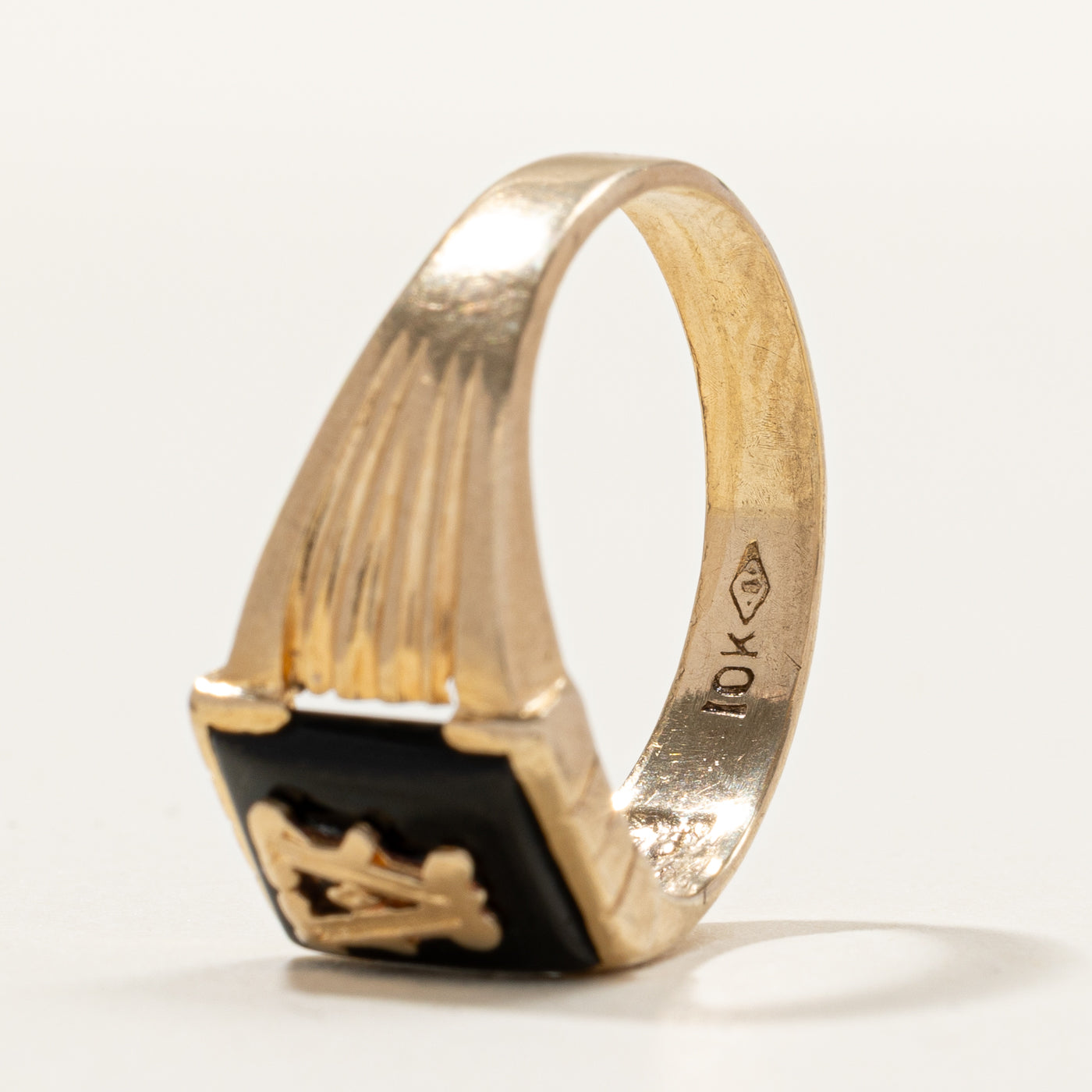 Yellow Gold "A" Initial Grooved Signet Ring | SZ 8