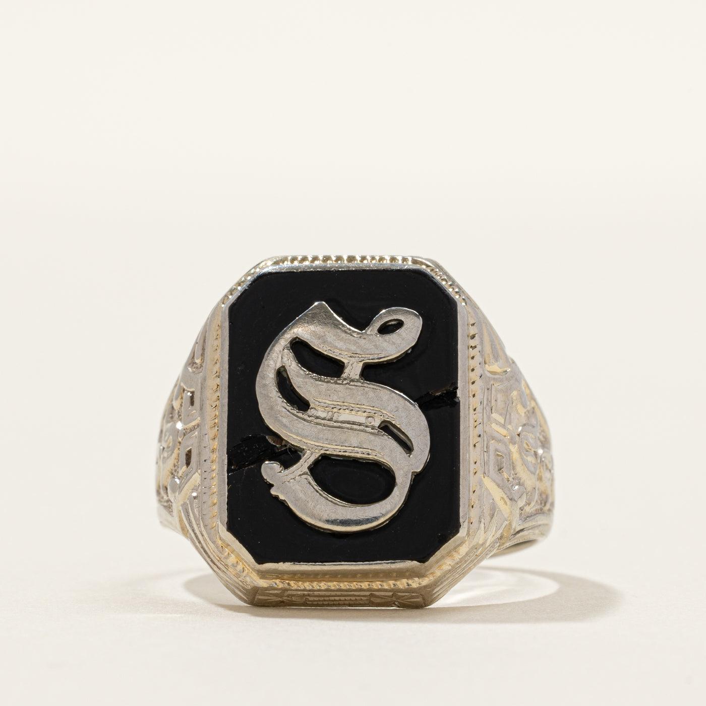 White Gold Onyx "S" Embossed Initial Signet Ring | SZ 8