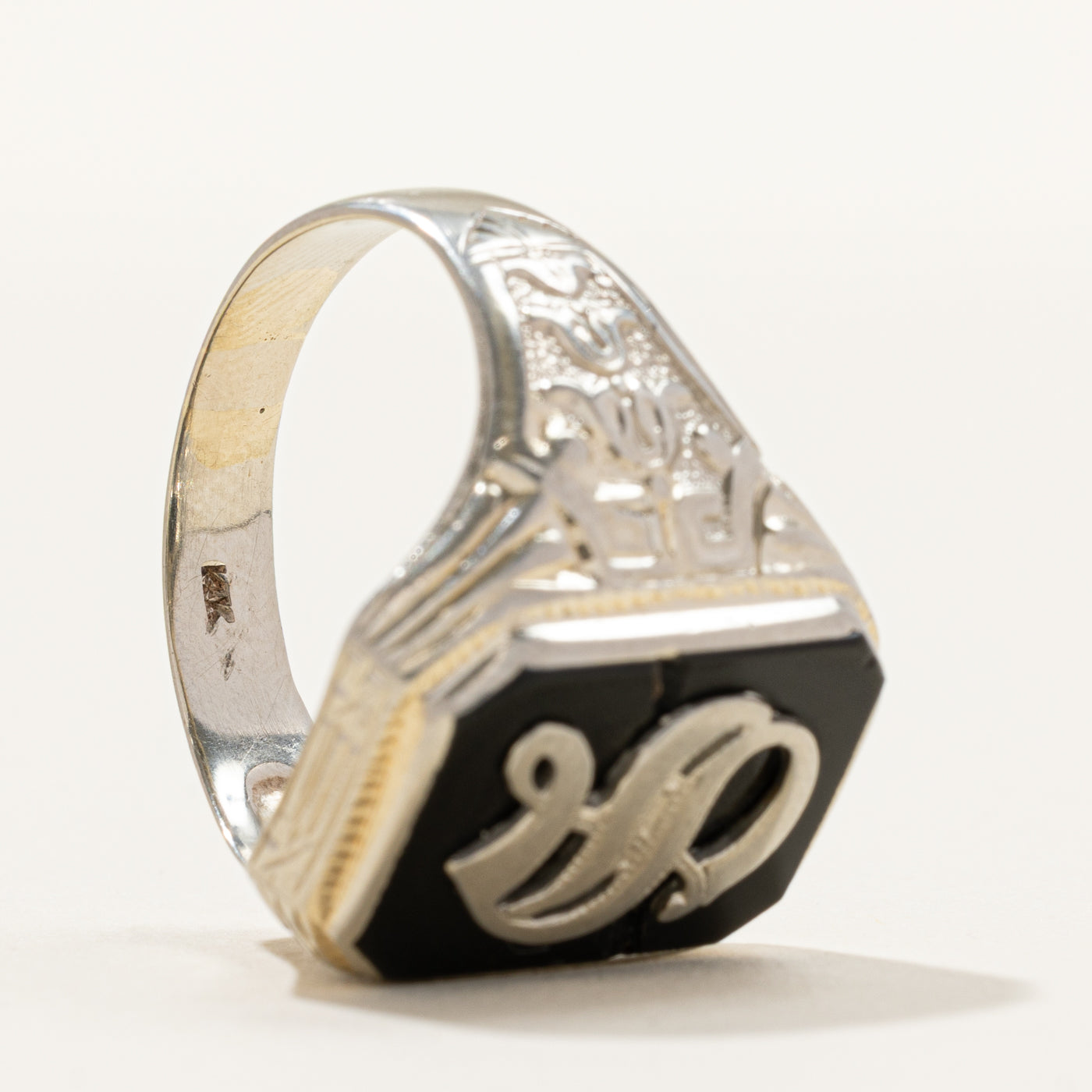 White Gold Onyx "S" Embossed Initial Signet Ring | SZ 8