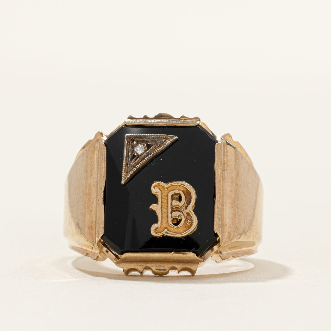 Onyx & Diamond "B" Initial Signet Ring | 0.003ct | SZ 7.75