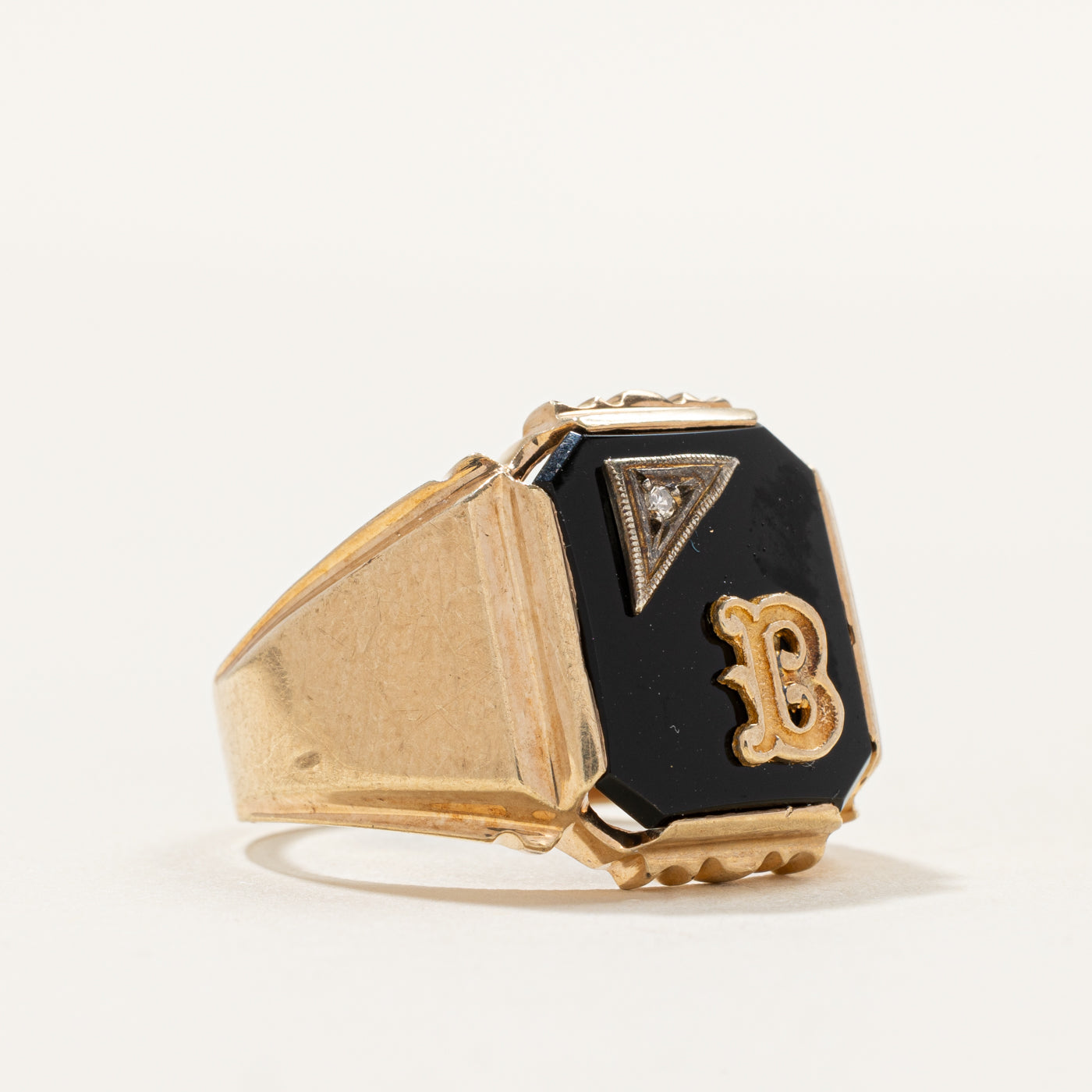 Onyx & Diamond "B" Initial Signet Ring | 0.003ct | SZ 7.75