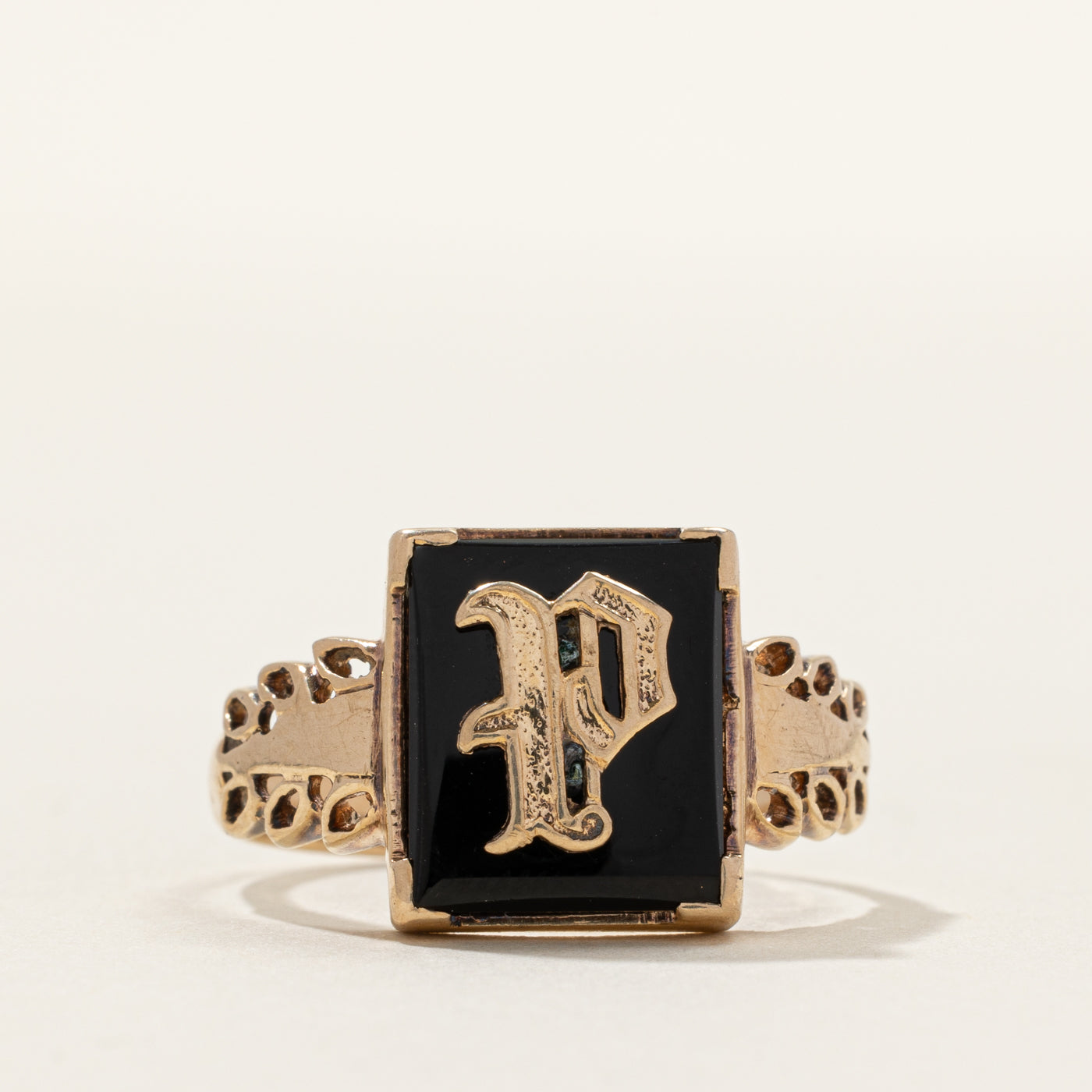 Onyx Letter "P" Initial Textured Signet Ring | SZ 9.5