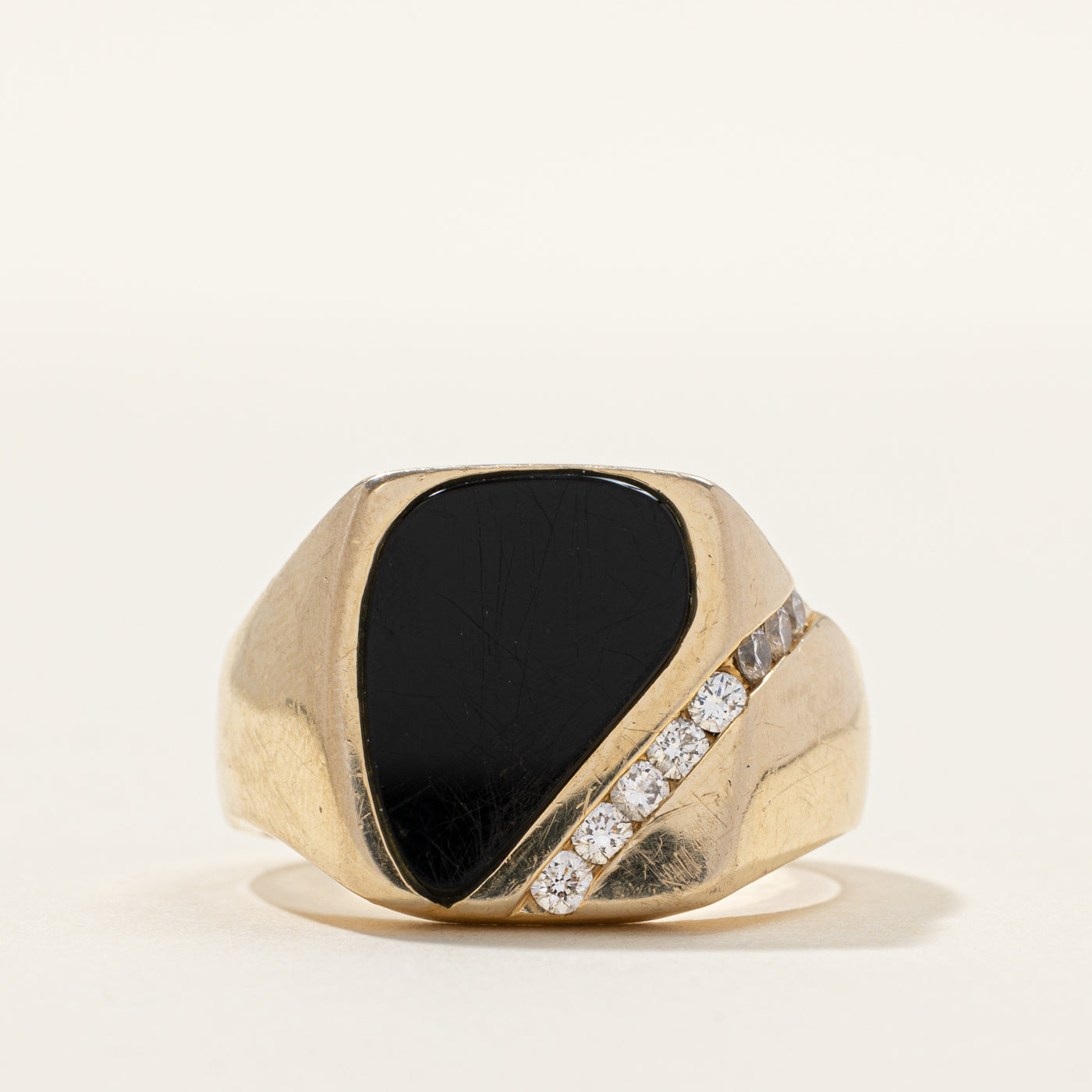 Flush Set Onyx & Diagonal Diamond Signet Ring | 0.21ctw | SZ 10.75