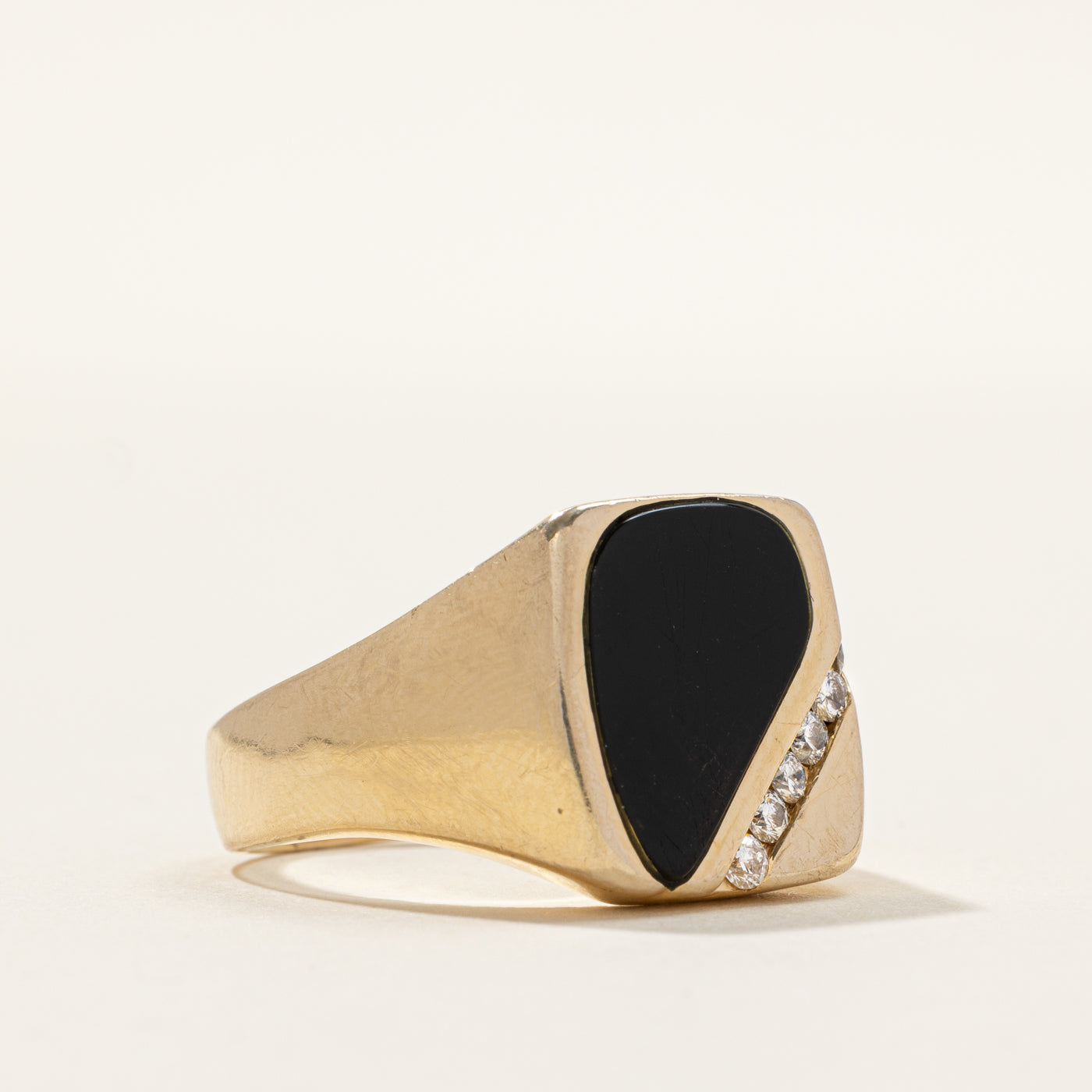 Flush Set Onyx & Diagonal Diamond Signet Ring | 0.21ctw | SZ 10.75