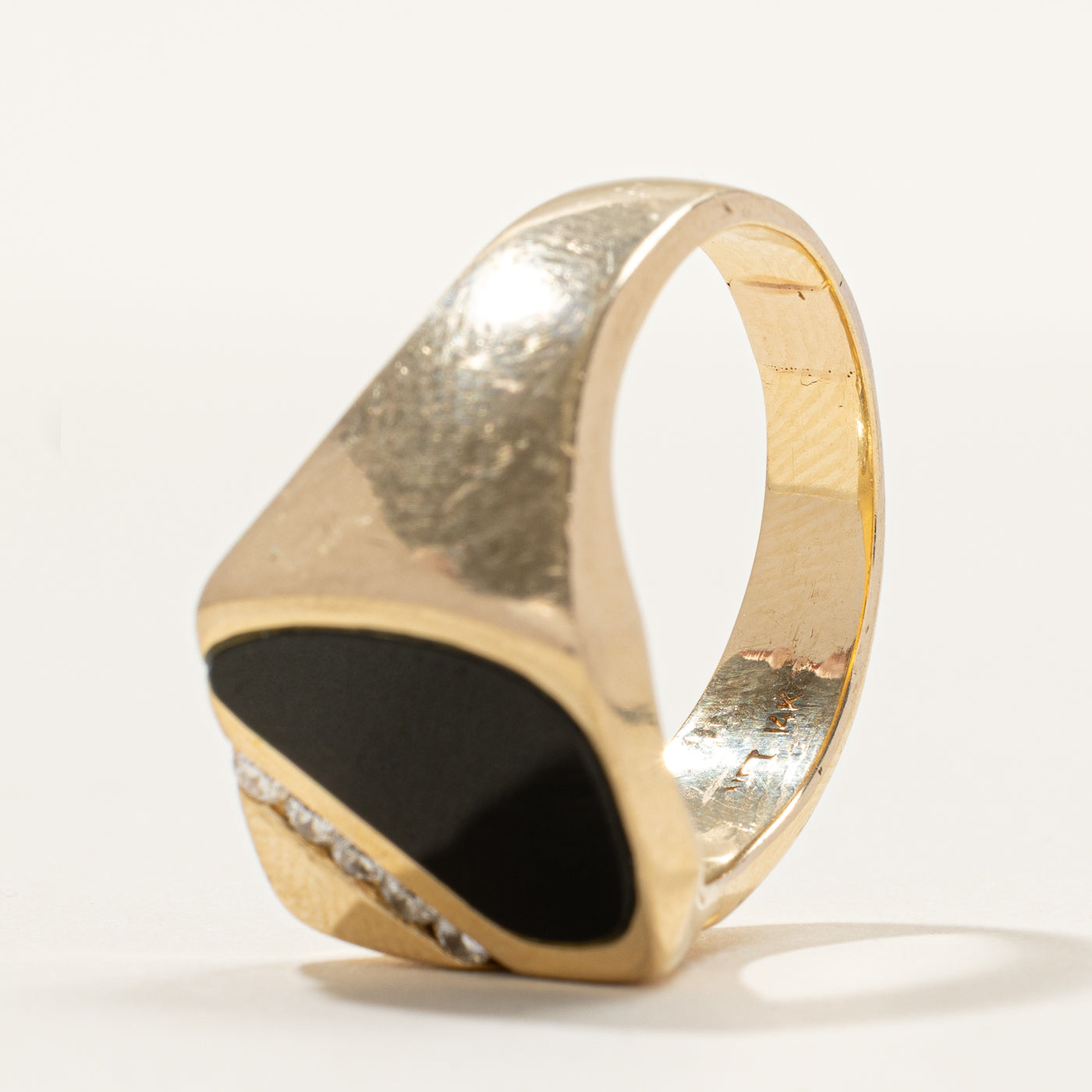 Flush Set Onyx & Diagonal Diamond Signet Ring | 0.21ctw | SZ 10.75