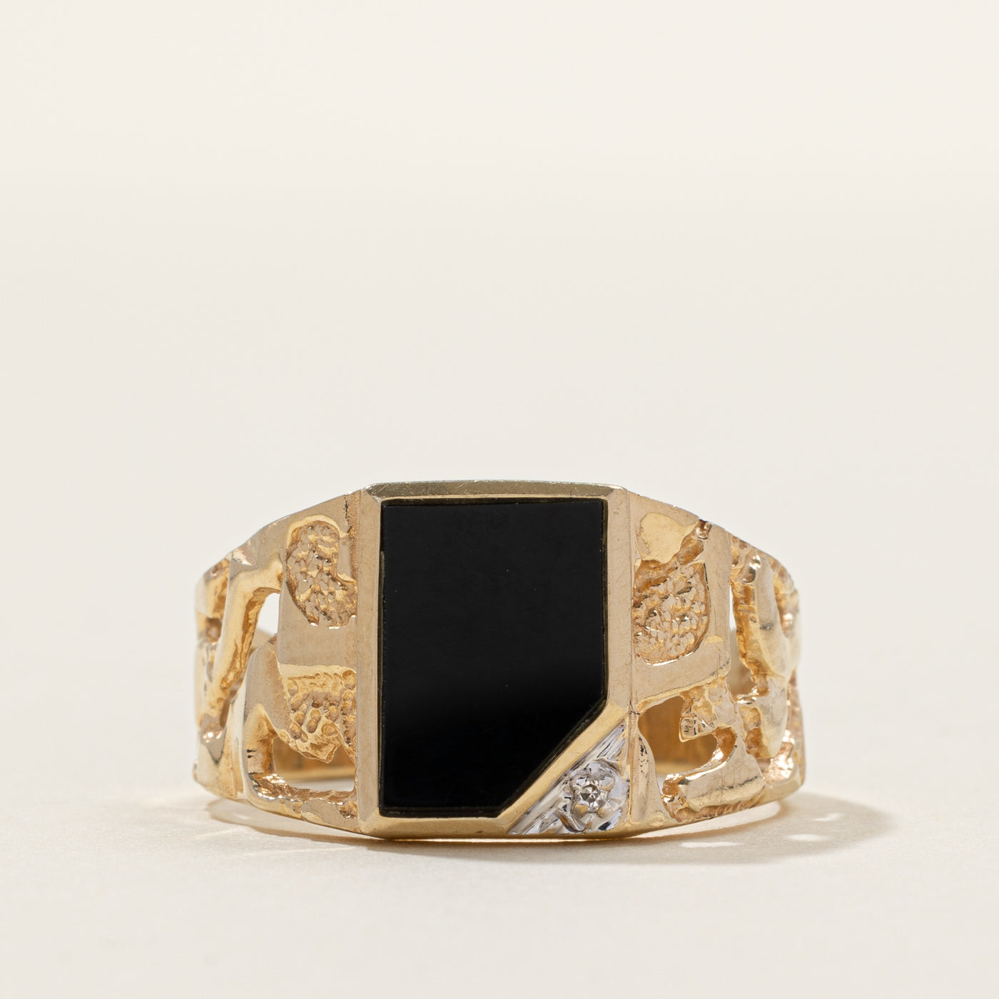Flush Set Onyx & Diamond Textured Signet Ring | 0.002ct | SZ 8.25