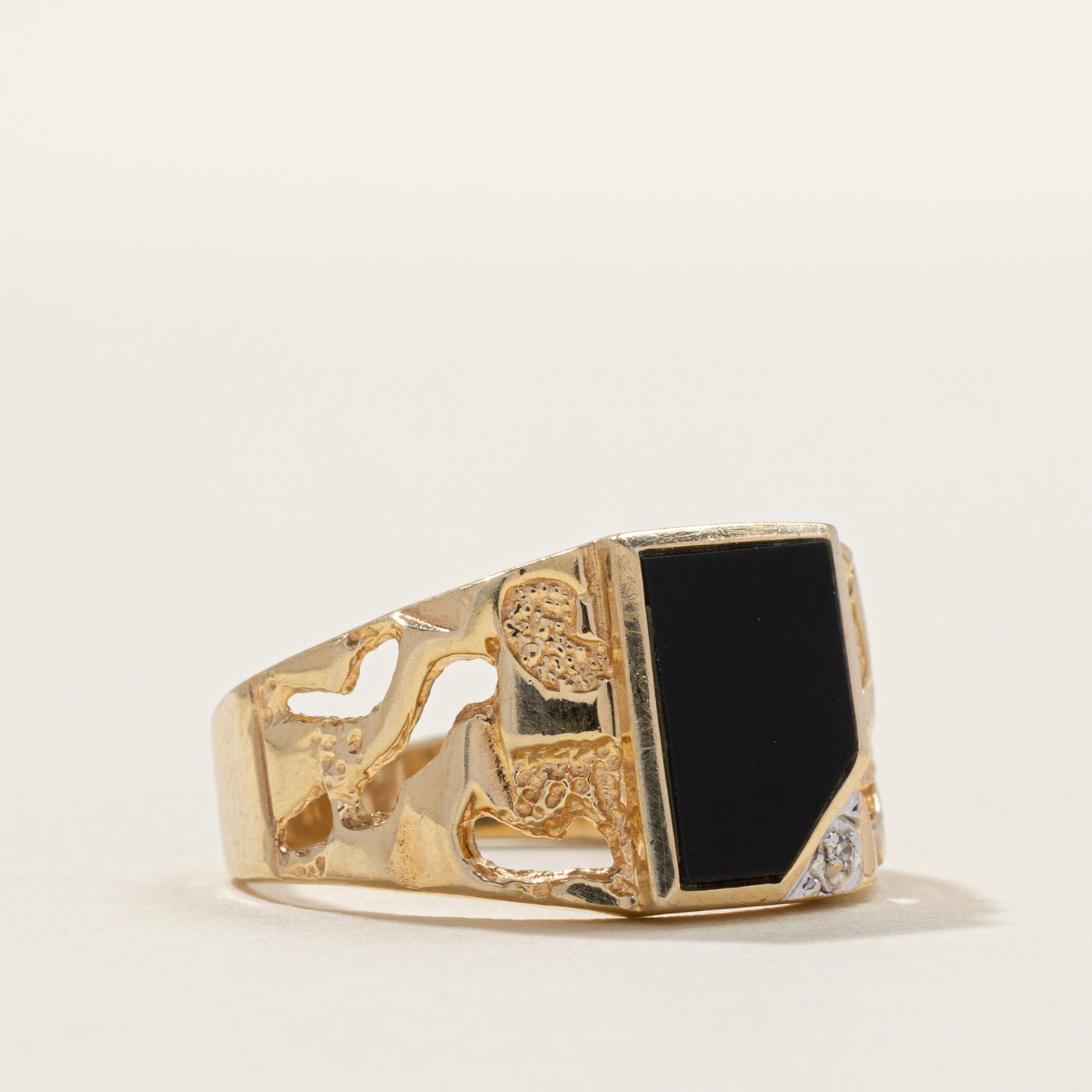 Flush Set Onyx & Diamond Textured Signet Ring | 0.002ct | SZ 8.25