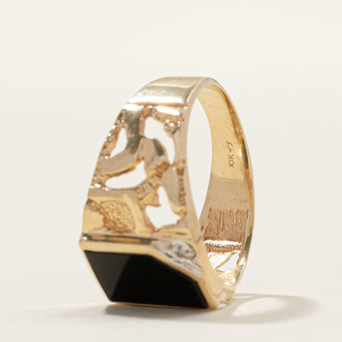 Flush Set Onyx & Diamond Textured Signet Ring | 0.002ct | SZ 8.25