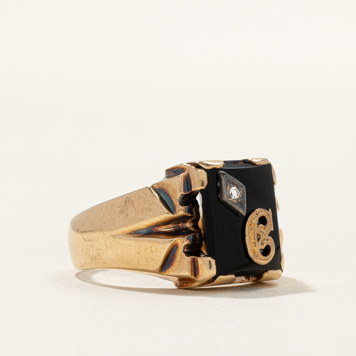 Onyx & Diamond "C" Initial Signet Ring | 0.01ct | SZ 9.25