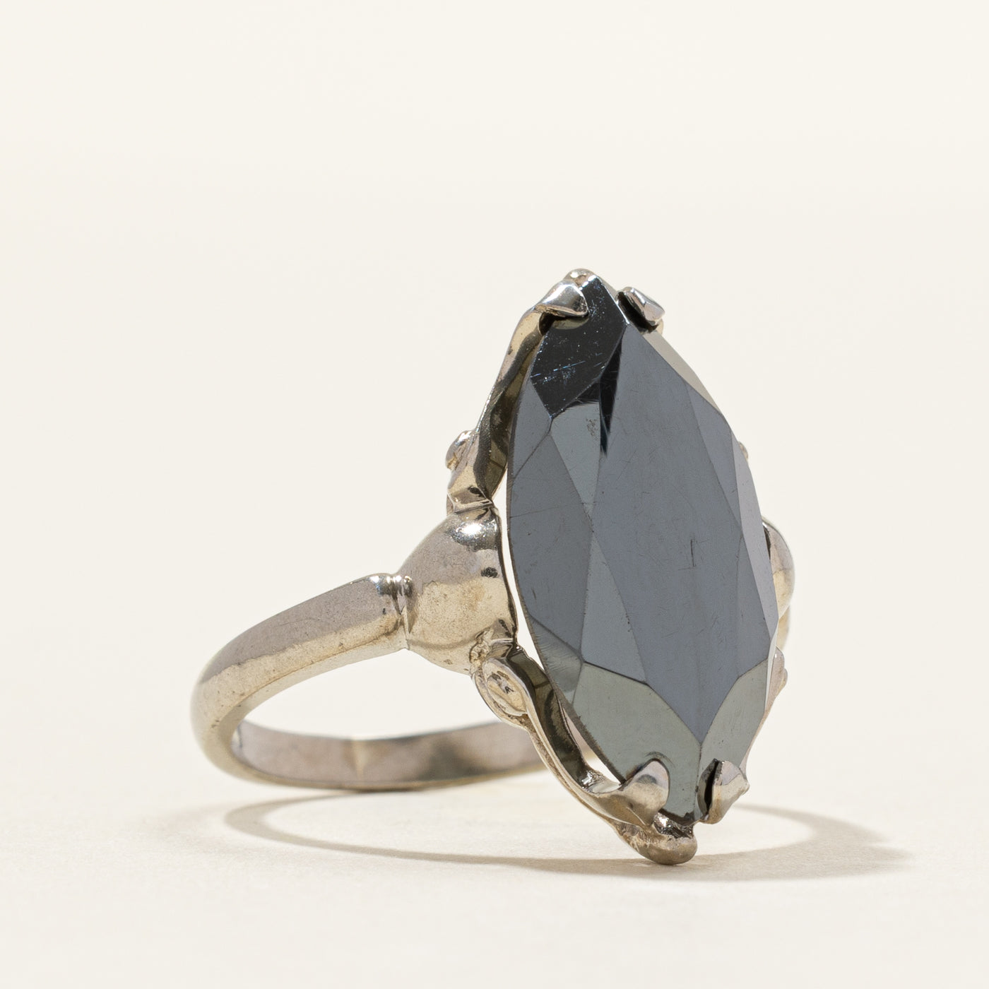 Vintage Canadian White Gold Hematite Navette Ring | SZ 6