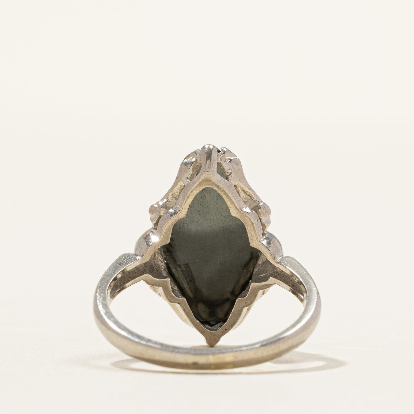 Vintage Canadian White Gold Hematite Navette Ring | SZ 6
