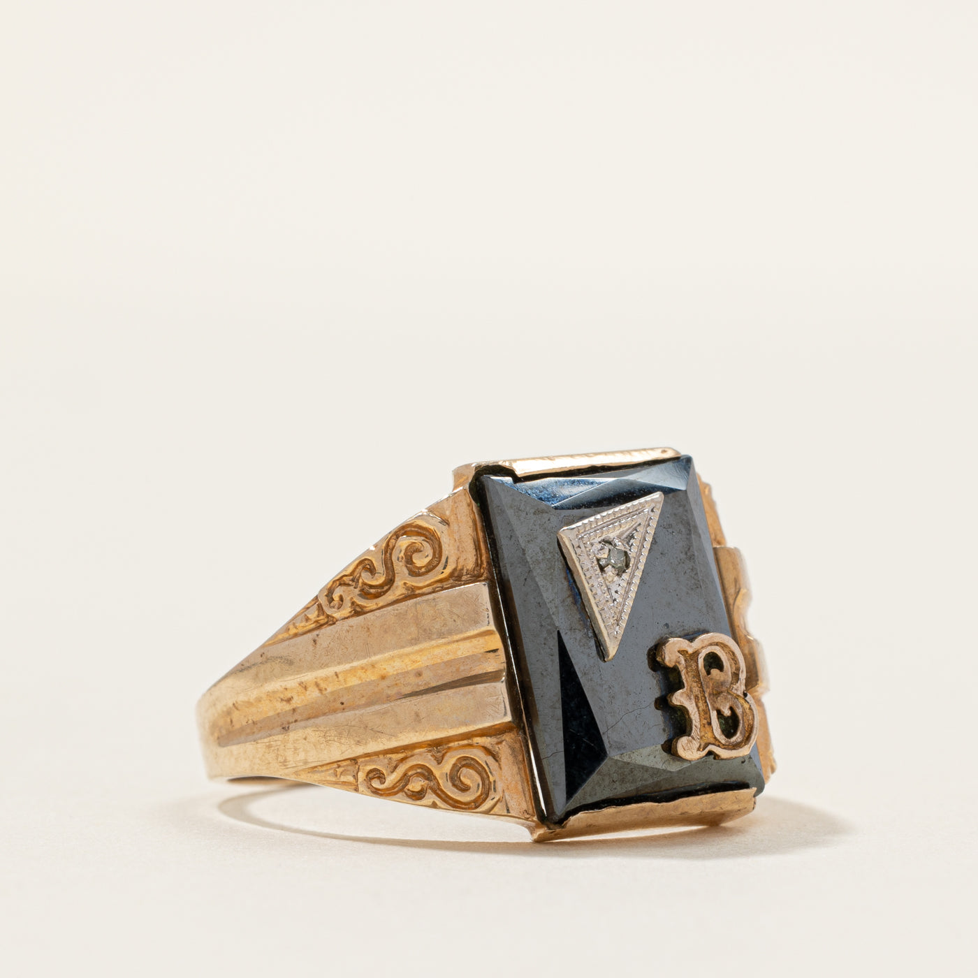 Hematite & Diamond "B" Initial Signet Ring | 0.005ct | SZ 9.5