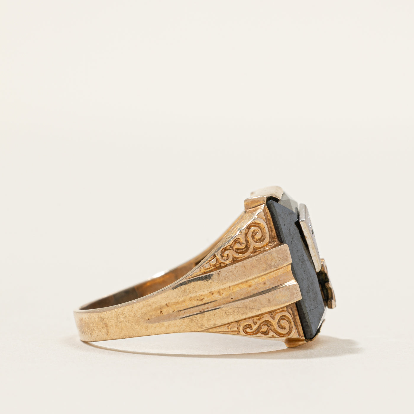 Hematite & Diamond "B" Initial Signet Ring | 0.005ct | SZ 9.5