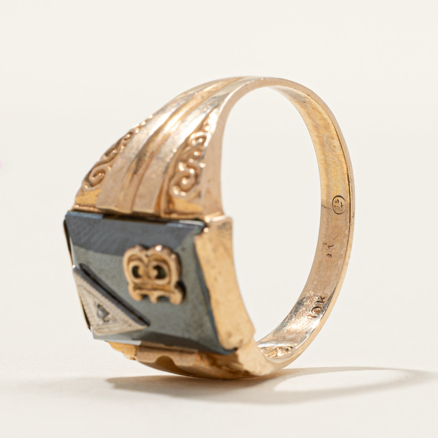 Hematite & Diamond "B" Initial Signet Ring | 0.005ct | SZ 9.5