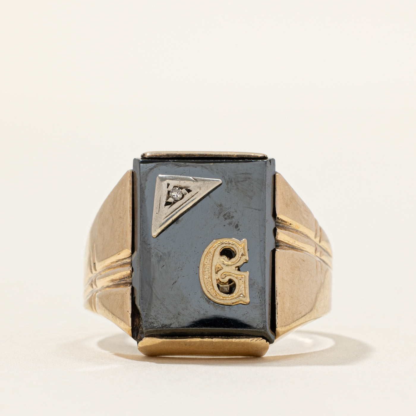 Hematite & Diamond "G" Initial Signet Ring | 0.002ct | SZ 9.5
