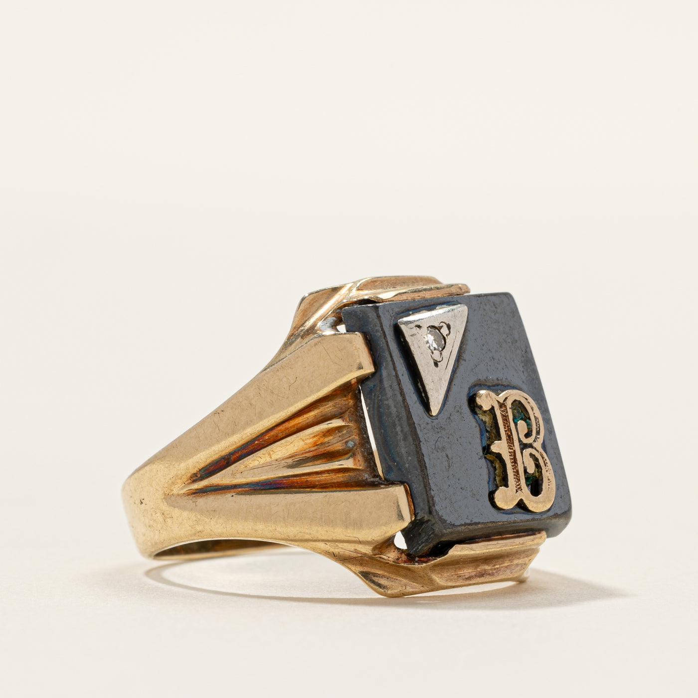 Hematite & Diamond "B" Initial Signet Ring | 0.003ct | SZ 8.5