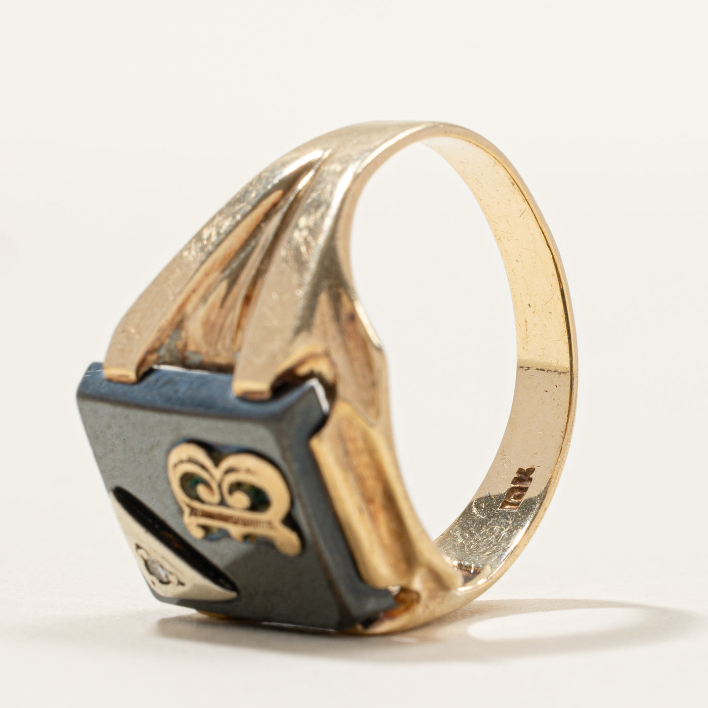 Hematite & Diamond "B" Initial Signet Ring | 0.003ct | SZ 8.5