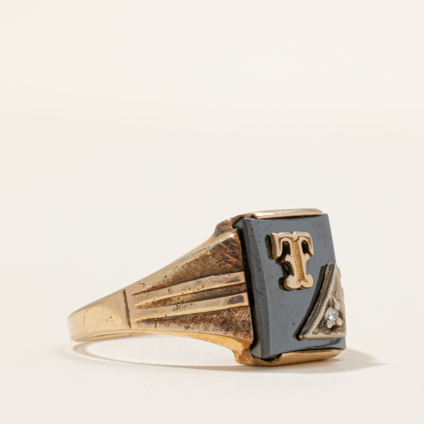 Hematite & Diamond "T" Initial Signet Ring | 0.01ct | SZ 11