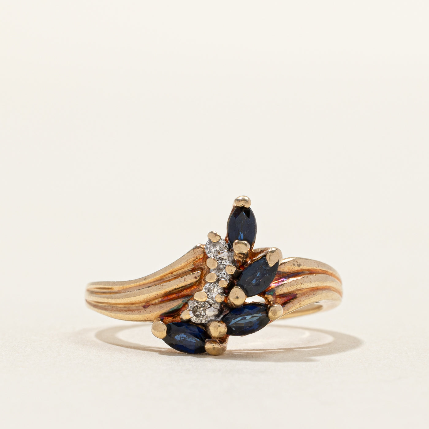 Marquise Cut Sapphire & Diamond Grooved Bypass Ring | 0.05ctw | SZ 6