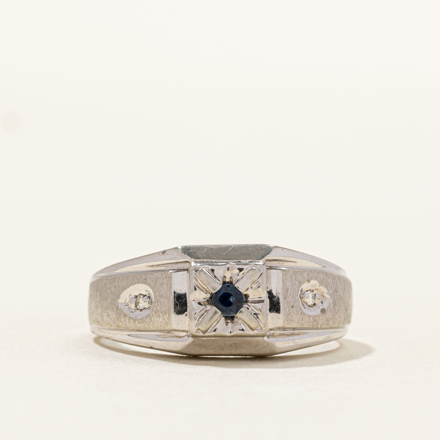 White Gold Sapphire & Diamond Textured Ring | 0.01ctw | SZ 7.75