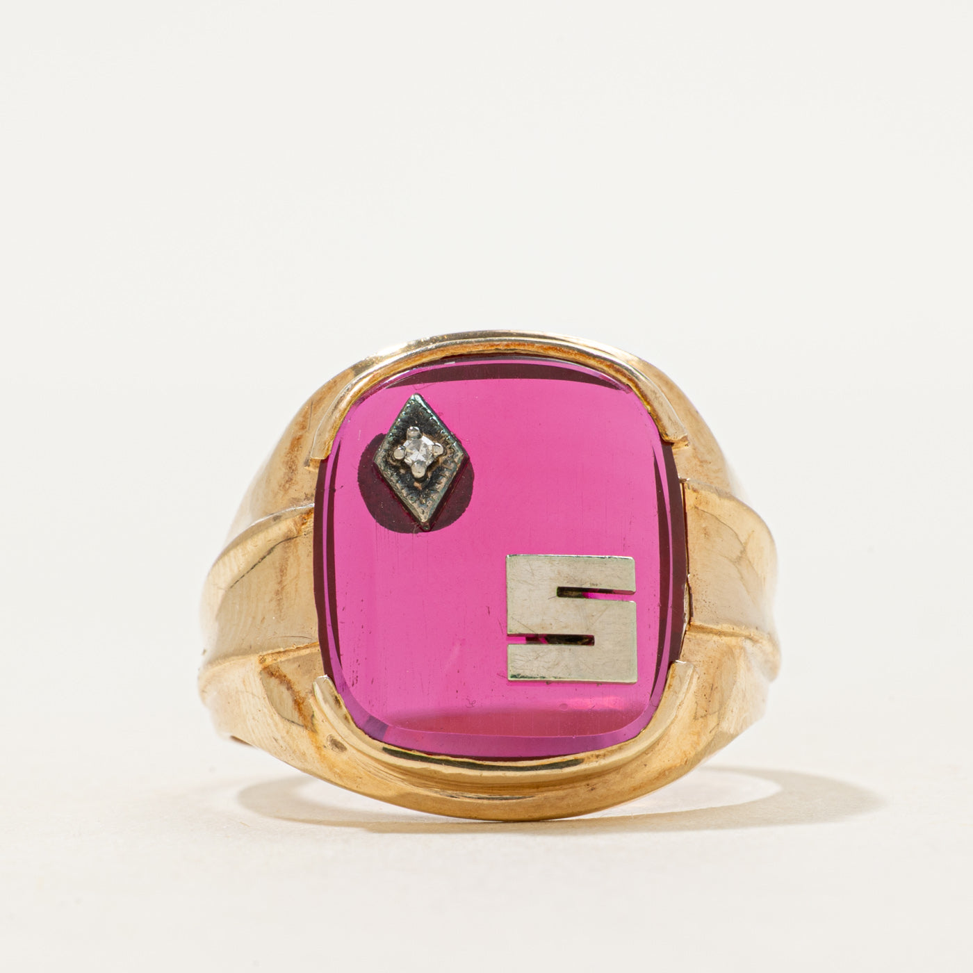 Synthetic Ruby & Natural Diamond "S" Signet Ring | SZ 10.25