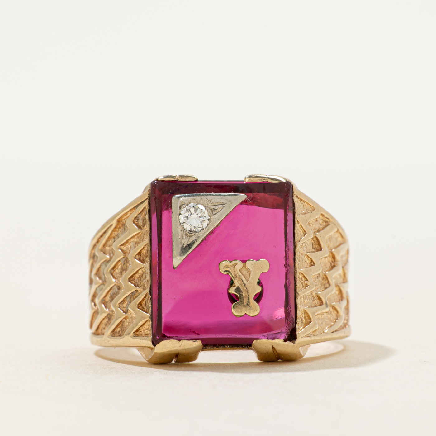 Synthetic Ruby & Natural Diamond "Y" Textured Signet Ring | SZ 10.75