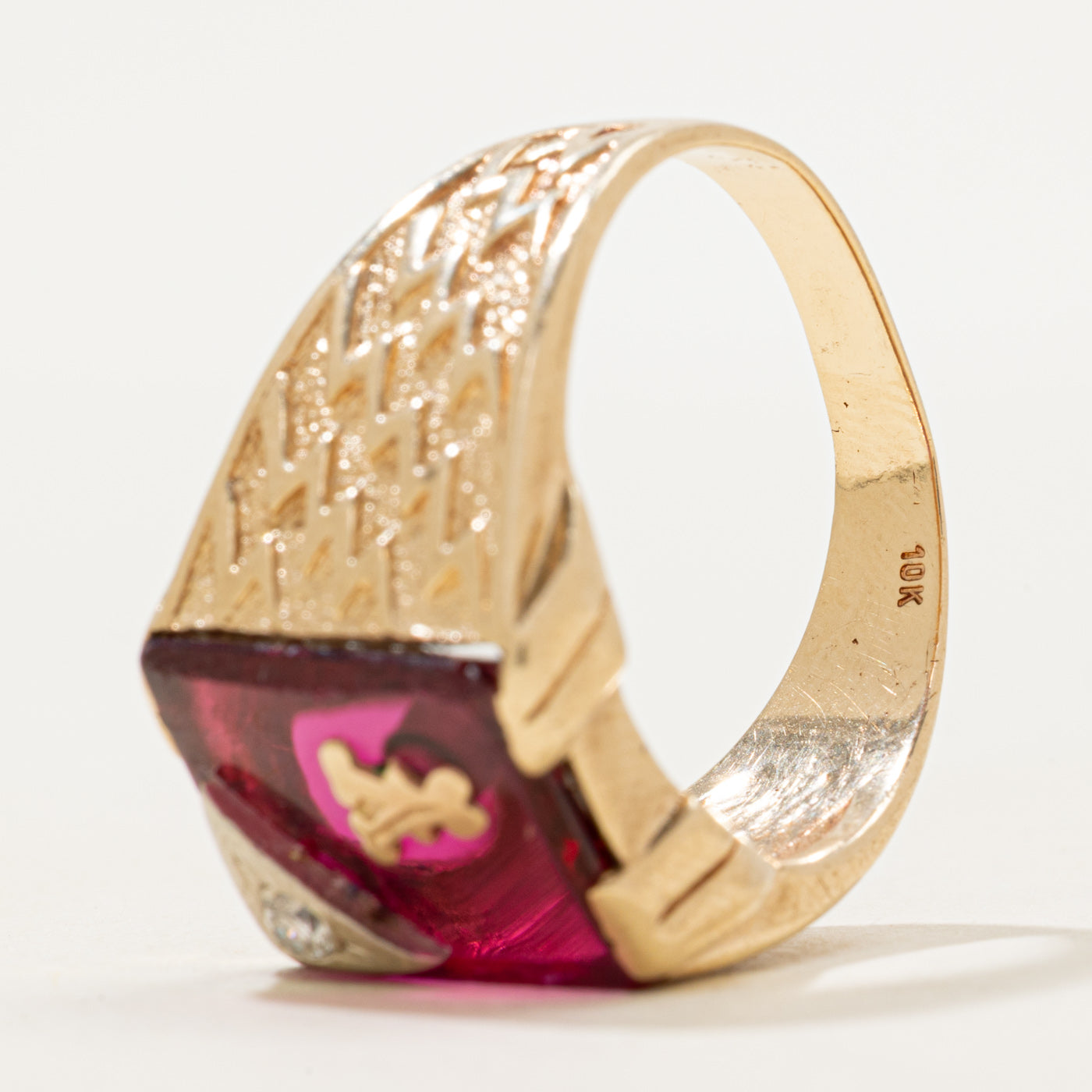 Synthetic Ruby & Natural Diamond "Y" Textured Signet Ring | SZ 10.75